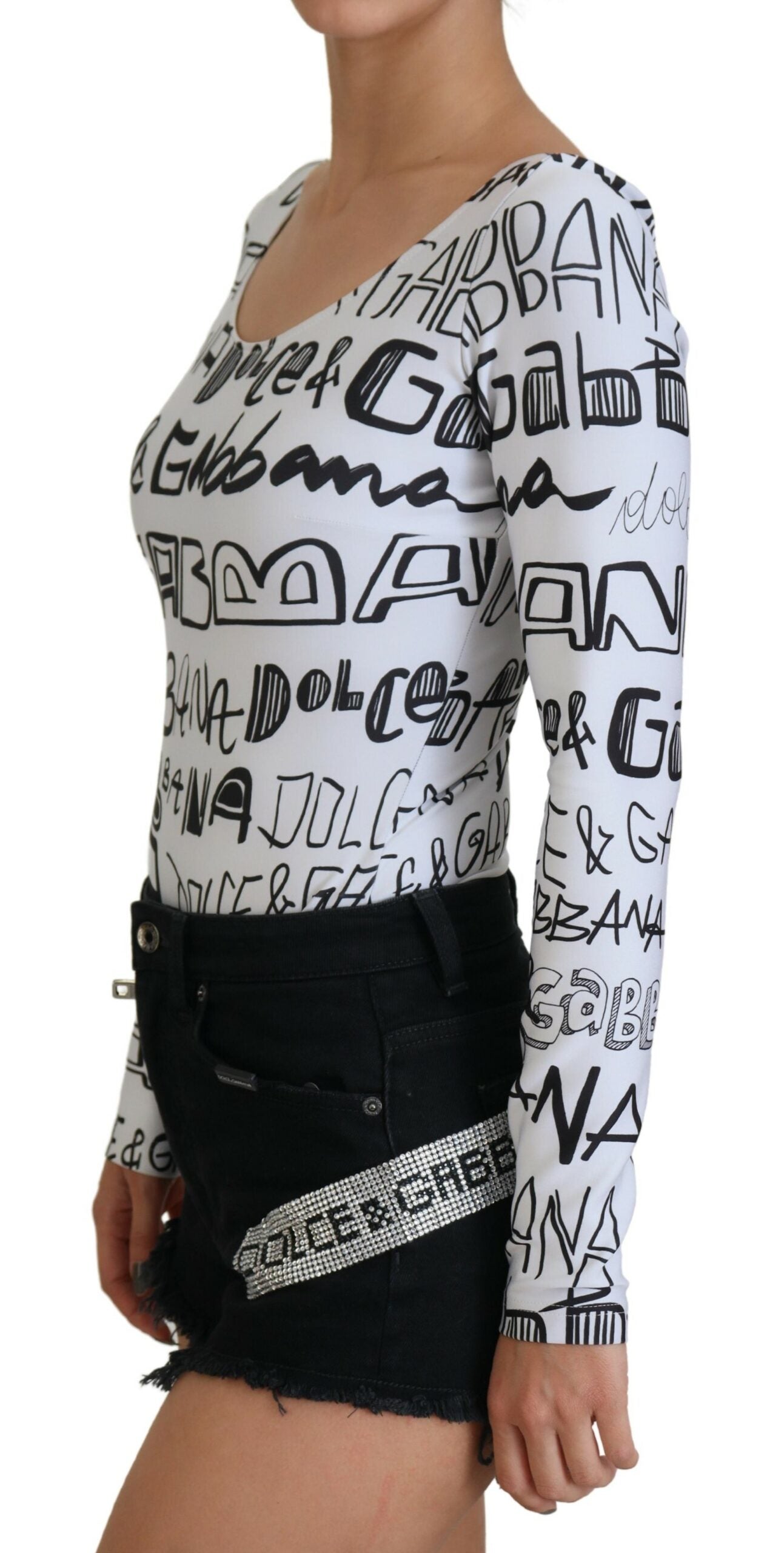Weißes Nylon-Top mit Logo-Druck und langen Ärmeln mit Rundhalsausschnitt