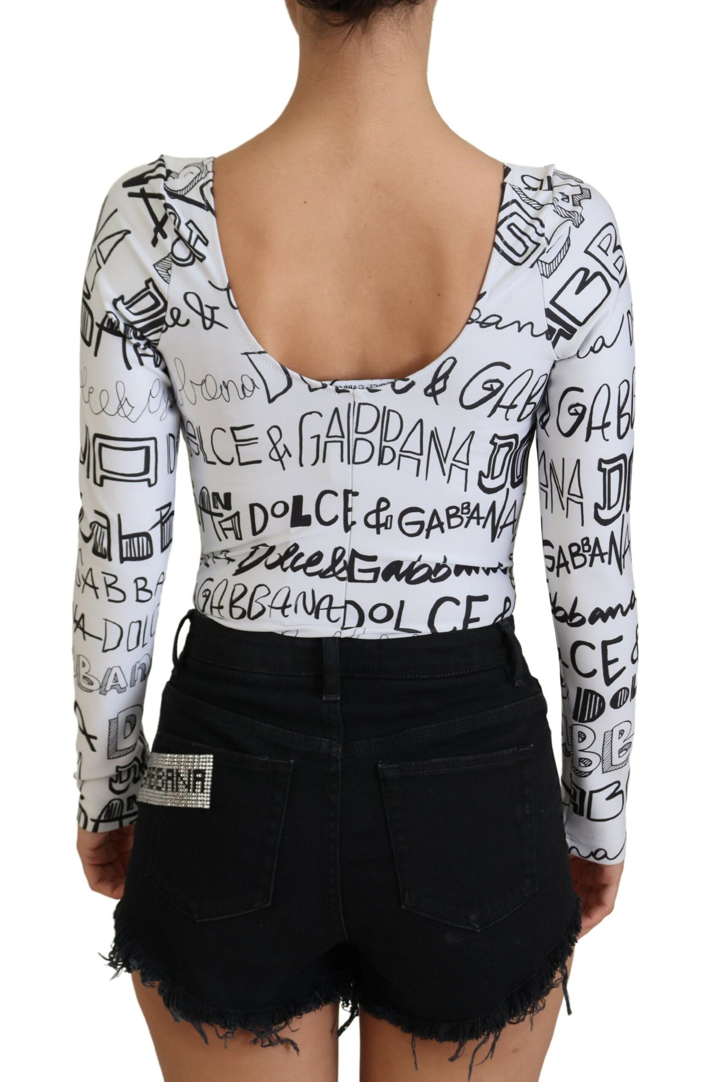 Weißes Nylon-Top mit Logo-Druck und langen Ärmeln mit Rundhalsausschnitt