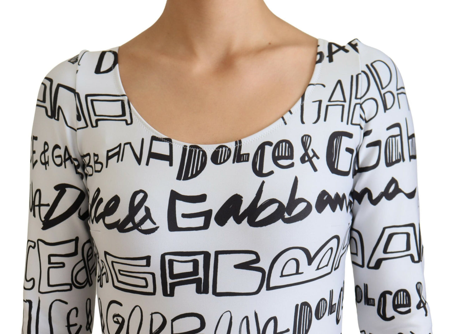 Weißes Nylon-Top mit Logo-Druck und langen Ärmeln mit Rundhalsausschnitt