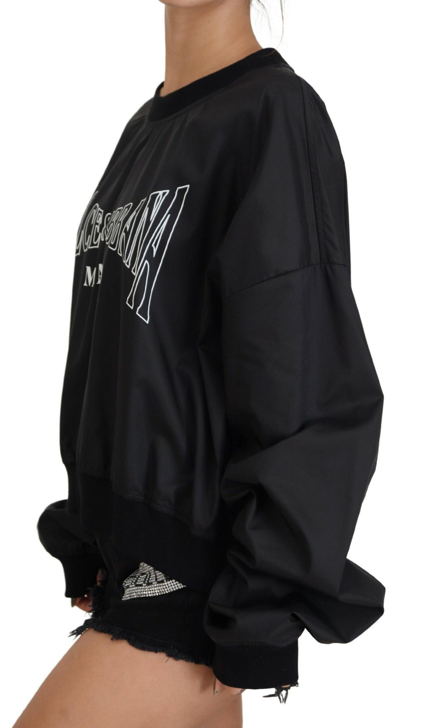 Schwarzer Nylonpullover mit Rundhalsausschnitt und Logo-Pullover