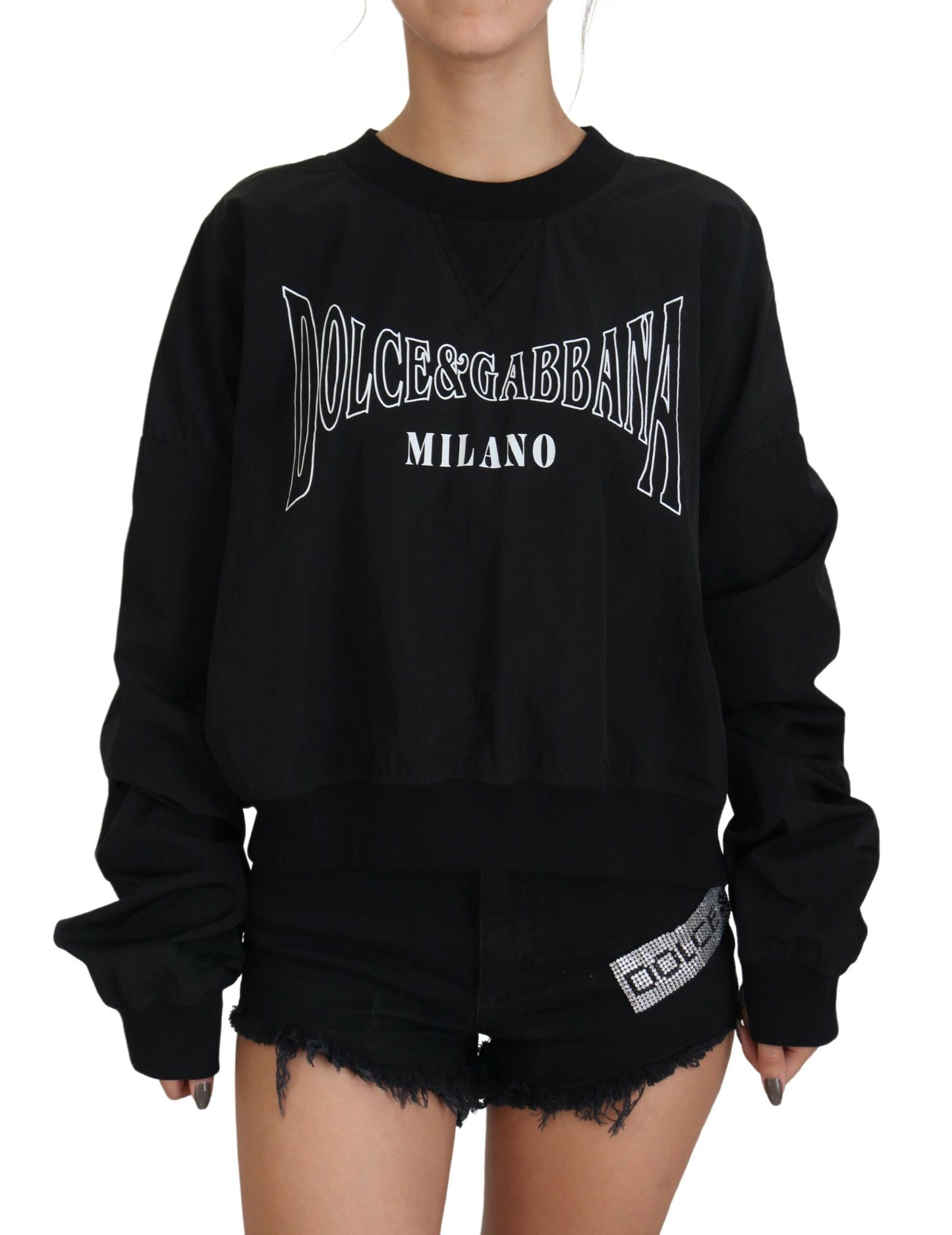 Schwarzer Nylonpullover mit Rundhalsausschnitt und Logo-Pullover