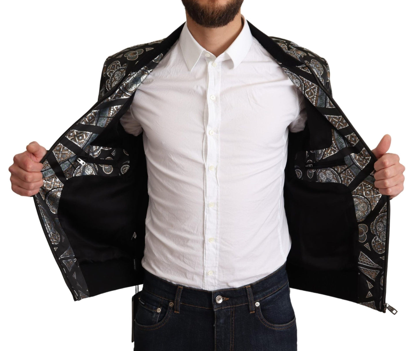 Blauer Jacquard Motiv Bombermantel Herrenjacke