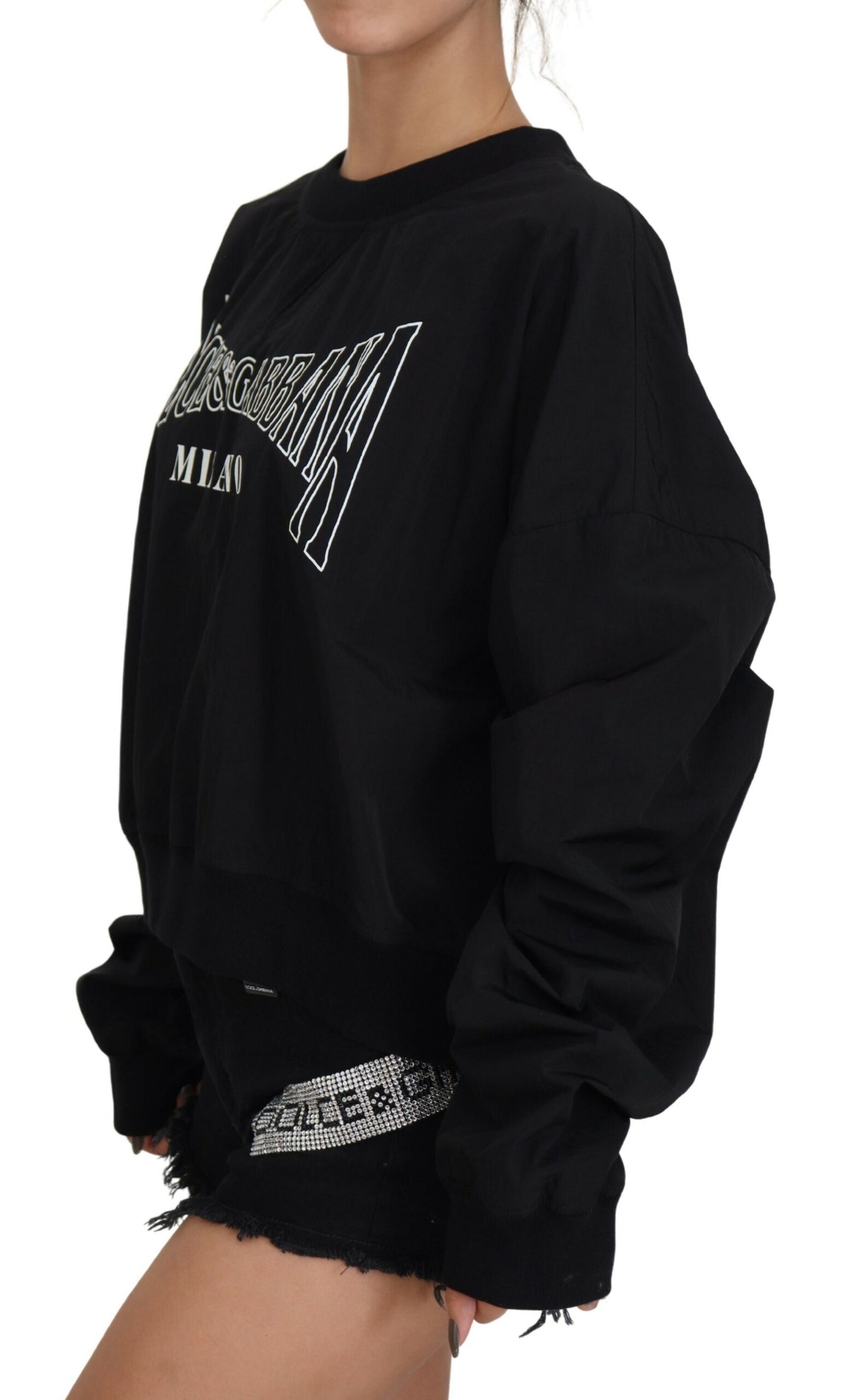 Schwarzer Nylonpullover mit Rundhalsausschnitt und Logo-Pullover