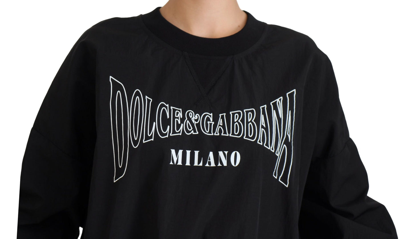 Schwarzer Nylonpullover mit Rundhalsausschnitt und Logo-Pullover