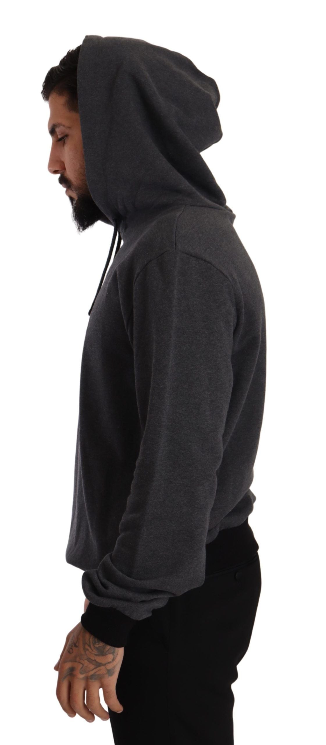 Grauer Pullover aus schwarzer Baumwolle mit Kapuze