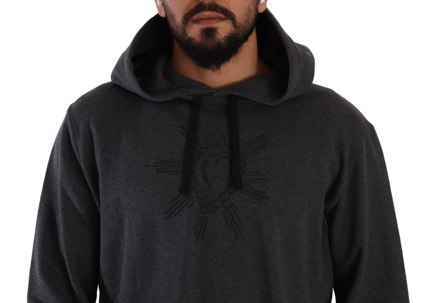 Grauer Pullover aus schwarzer Baumwolle mit Kapuze
