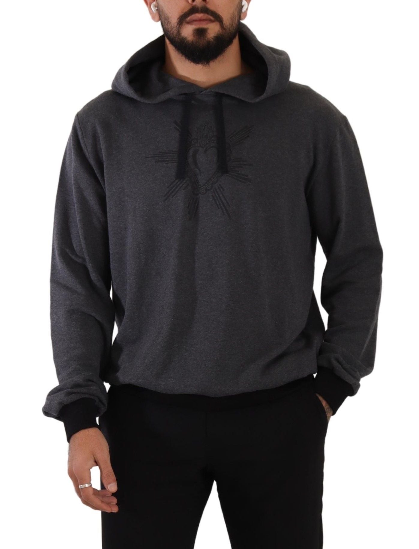 Grauer Pullover aus schwarzer Baumwolle mit Kapuze