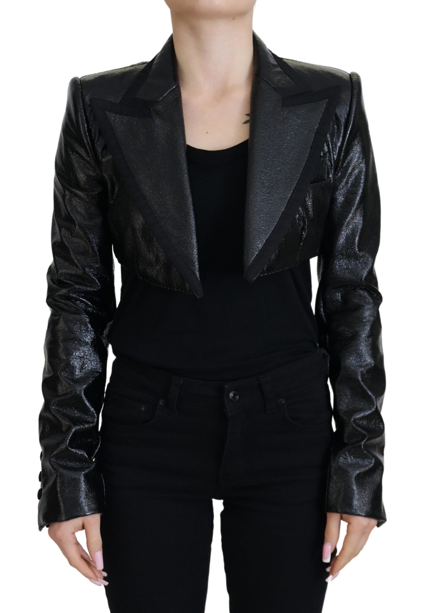 Schwarzer Langarm-Crop-Blazer Baumwolljacke