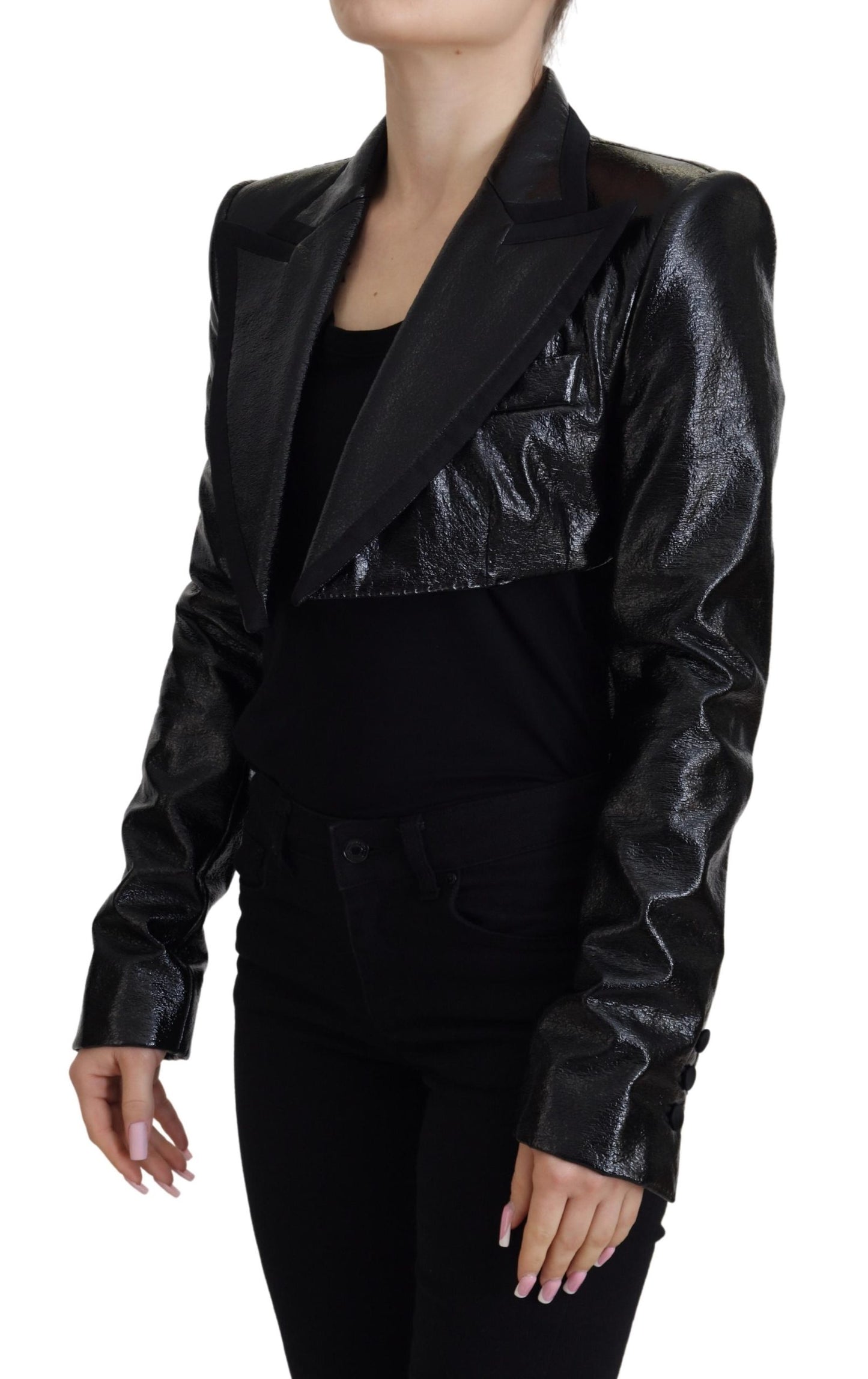 Schwarzer Langarm-Crop-Blazer Baumwolljacke