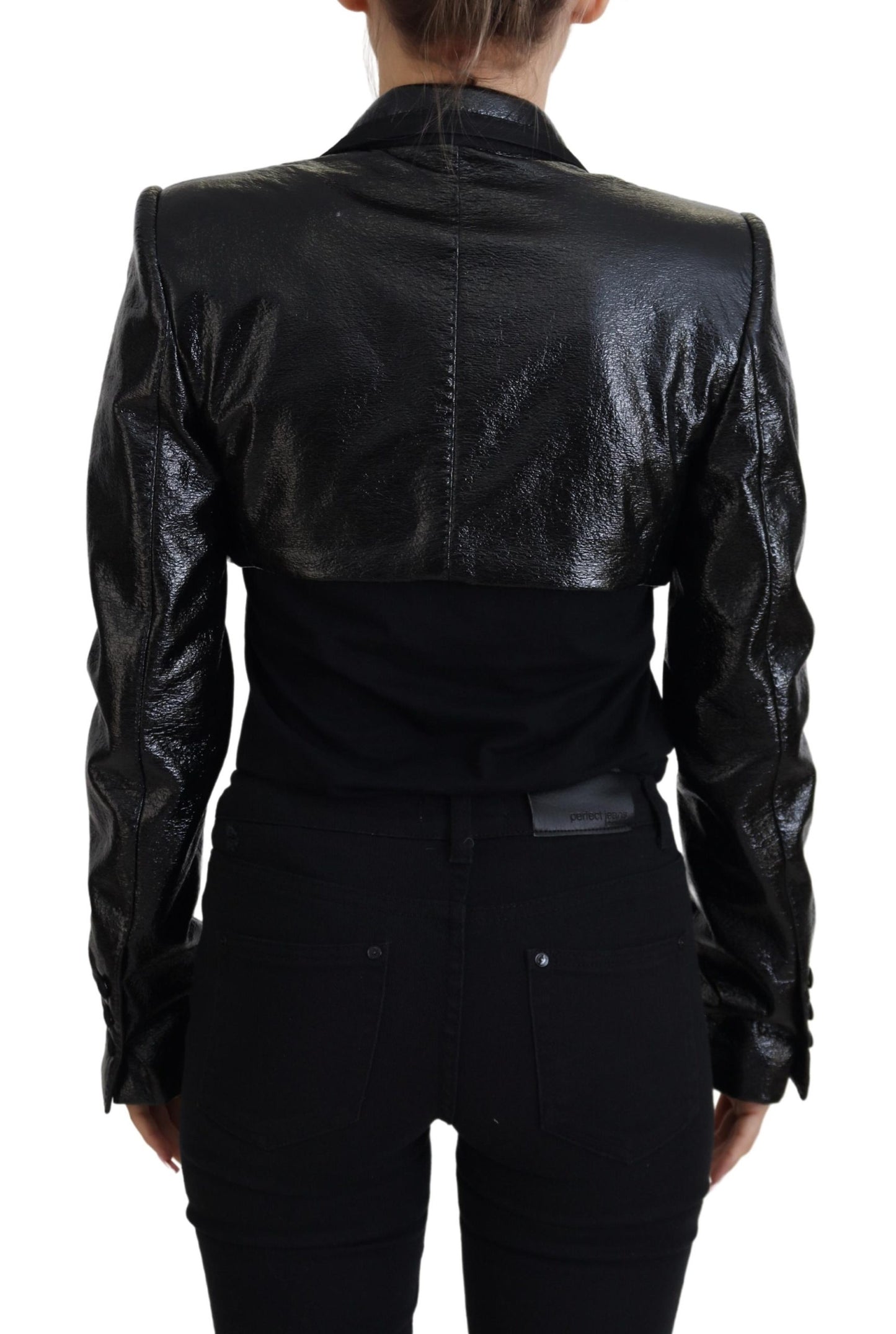 Schwarzer Langarm-Crop-Blazer Baumwolljacke