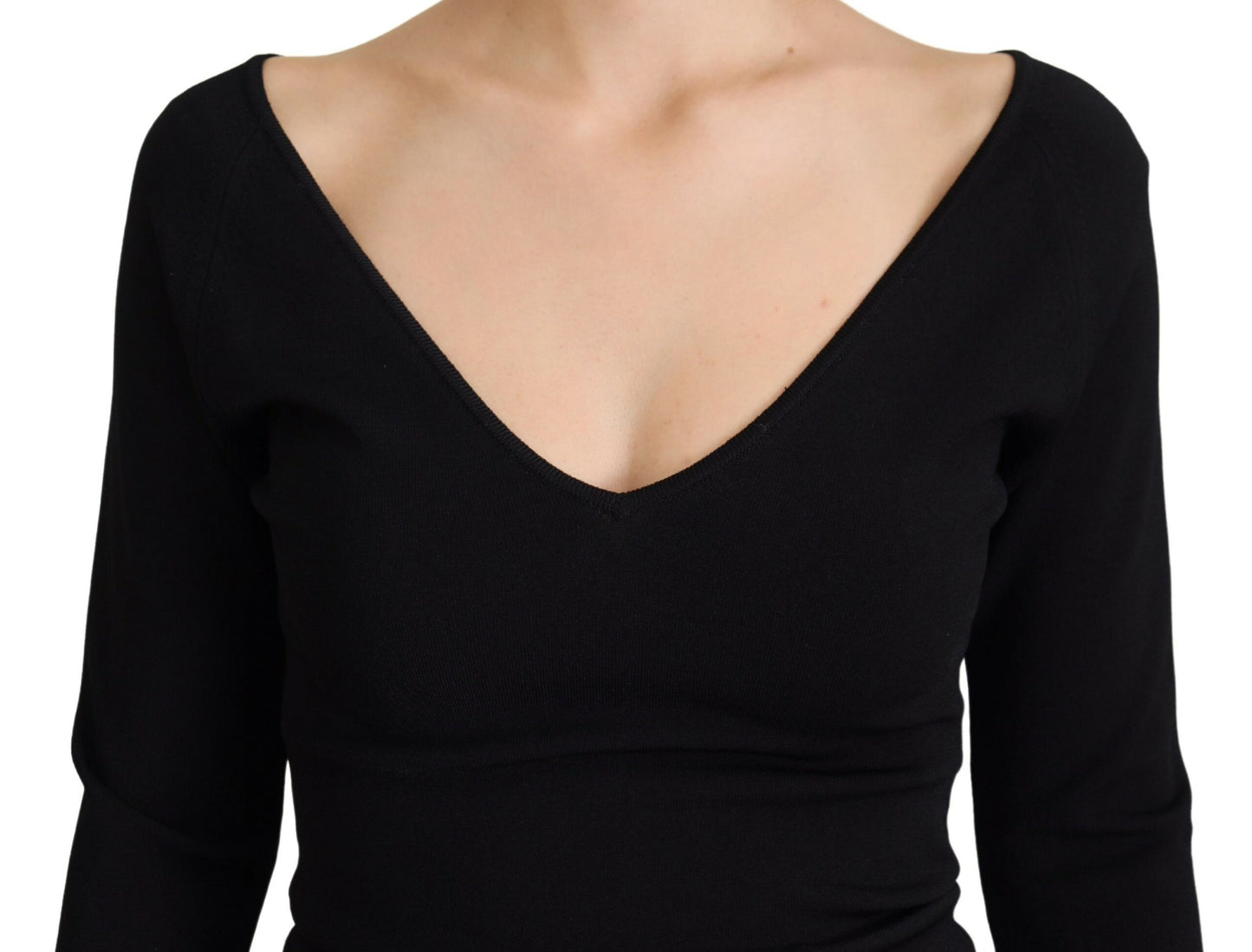 Schwarzer Viskose Pullover mit tiefem V-Ausschnitt