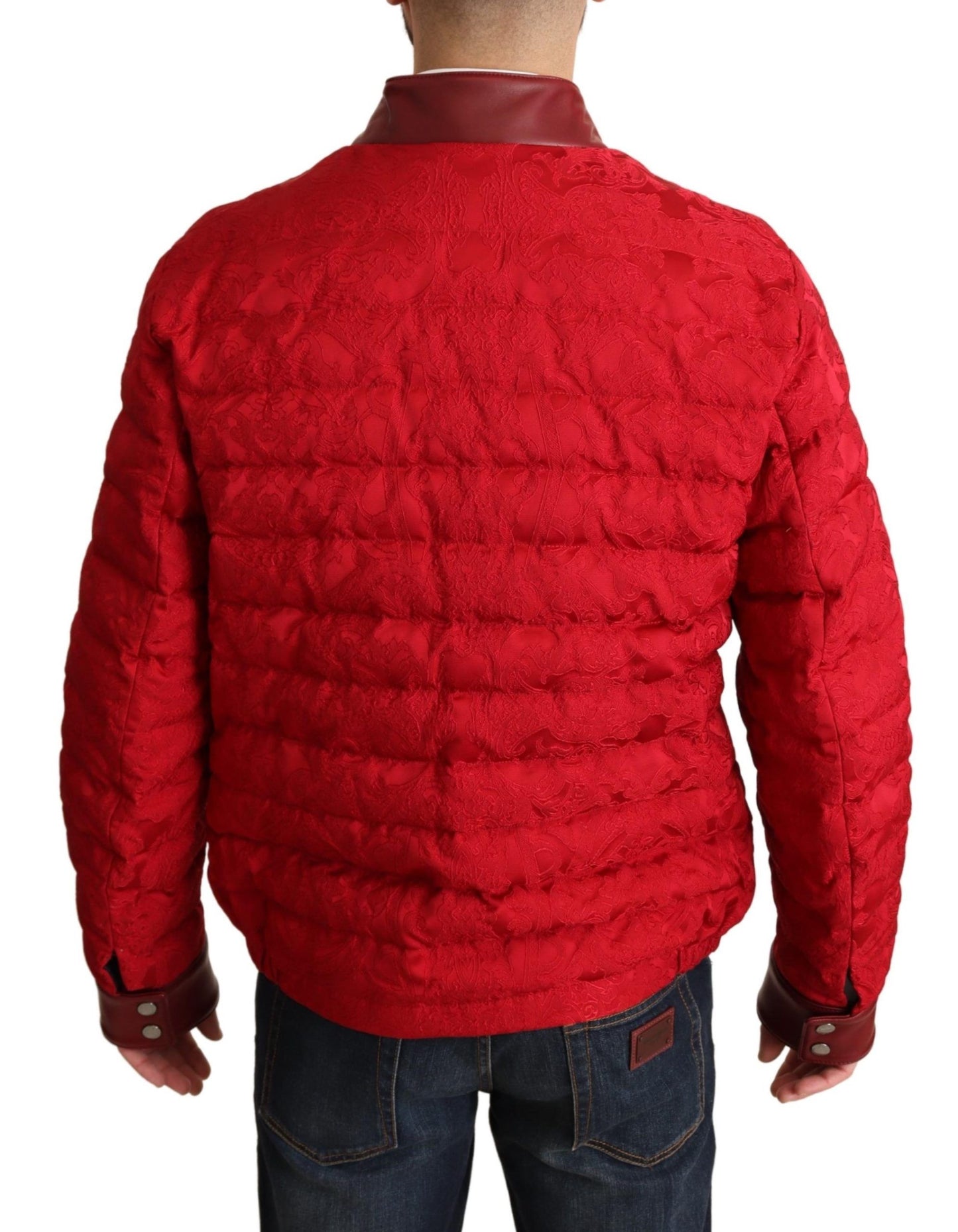 Roter Brokat-Bomber Mantel mit Goldkronen-Logo Jacke