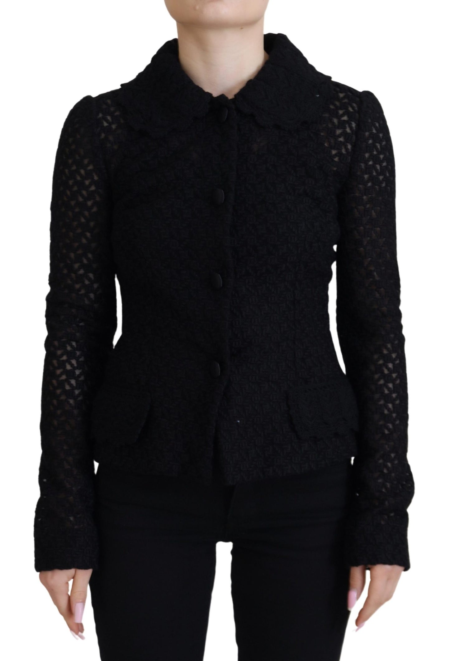 Schwarze Jacke mit gestricktem Knopfkragen aus Wolle