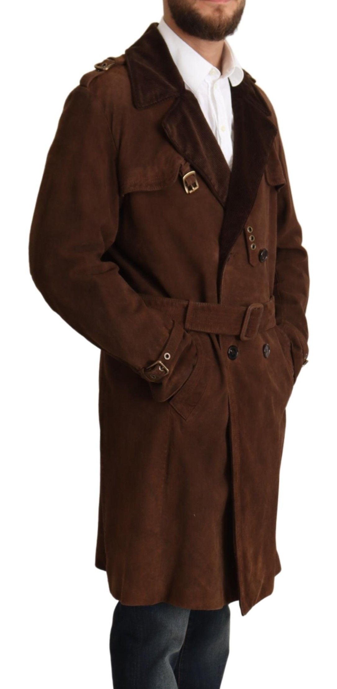 Brauner Leder Langer Trenchcoat Männer Jacke