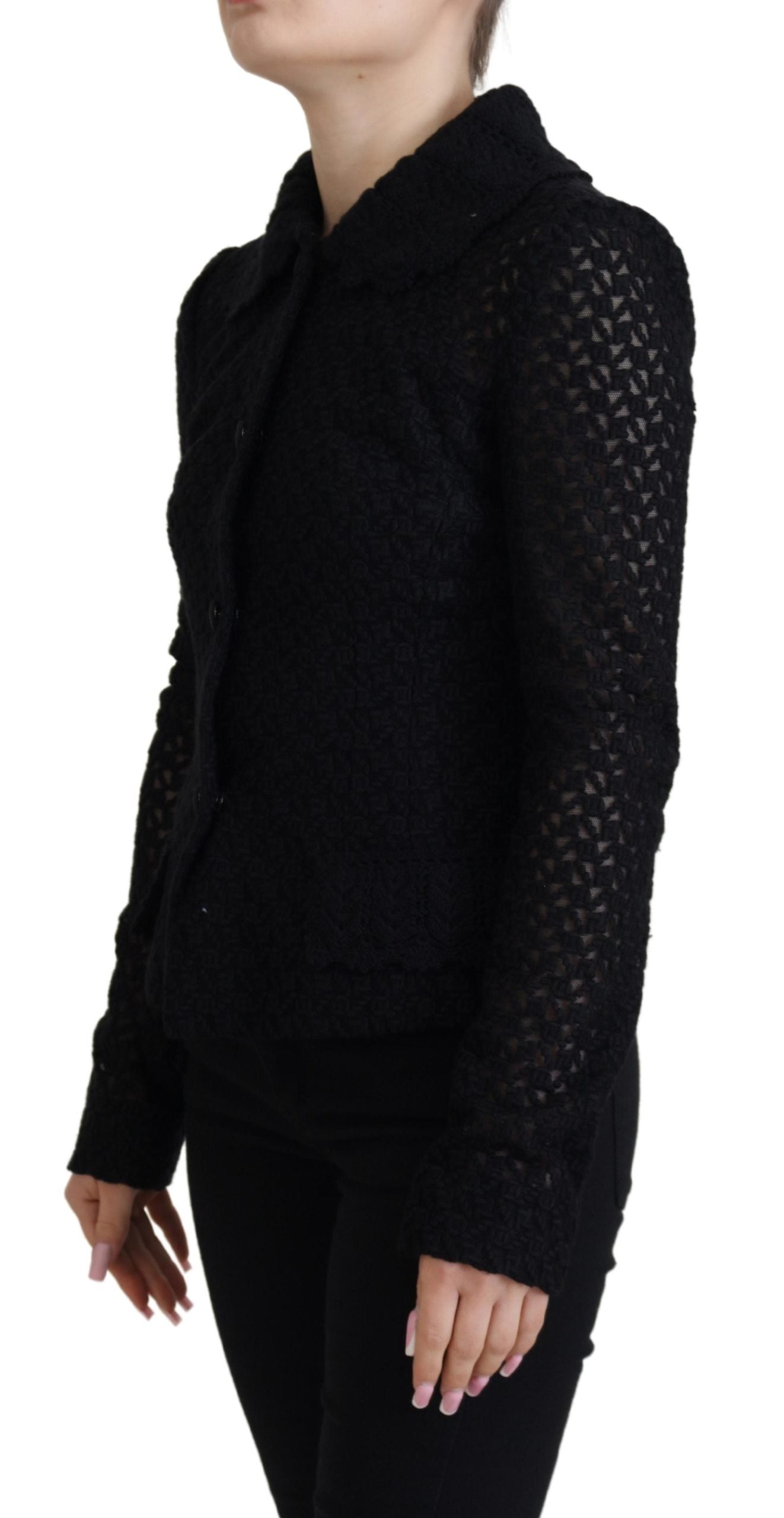 Schwarze Jacke mit gestricktem Knopfkragen aus Wolle