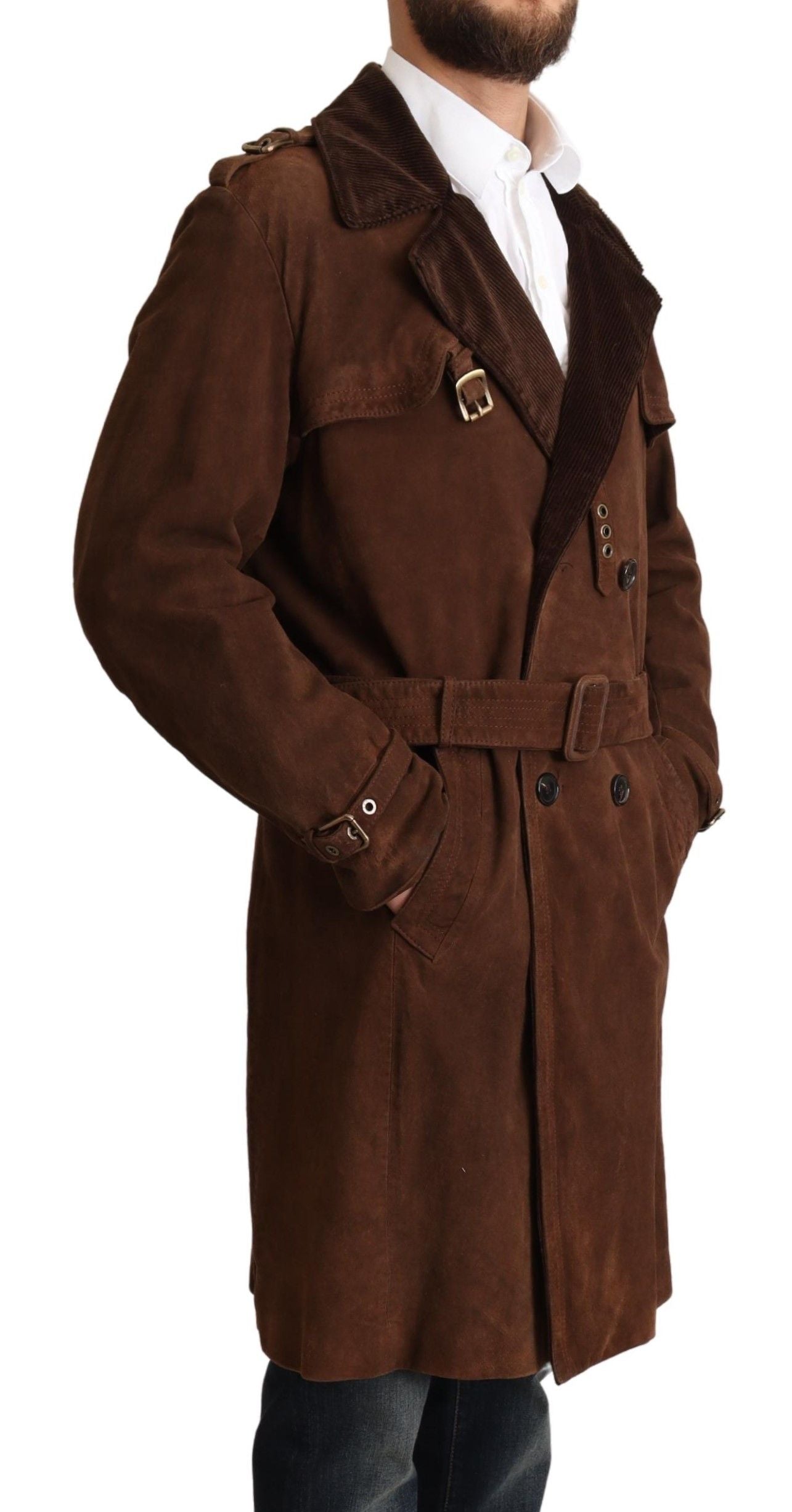 Brauner Leder Langer Trenchcoat Männer Jacke