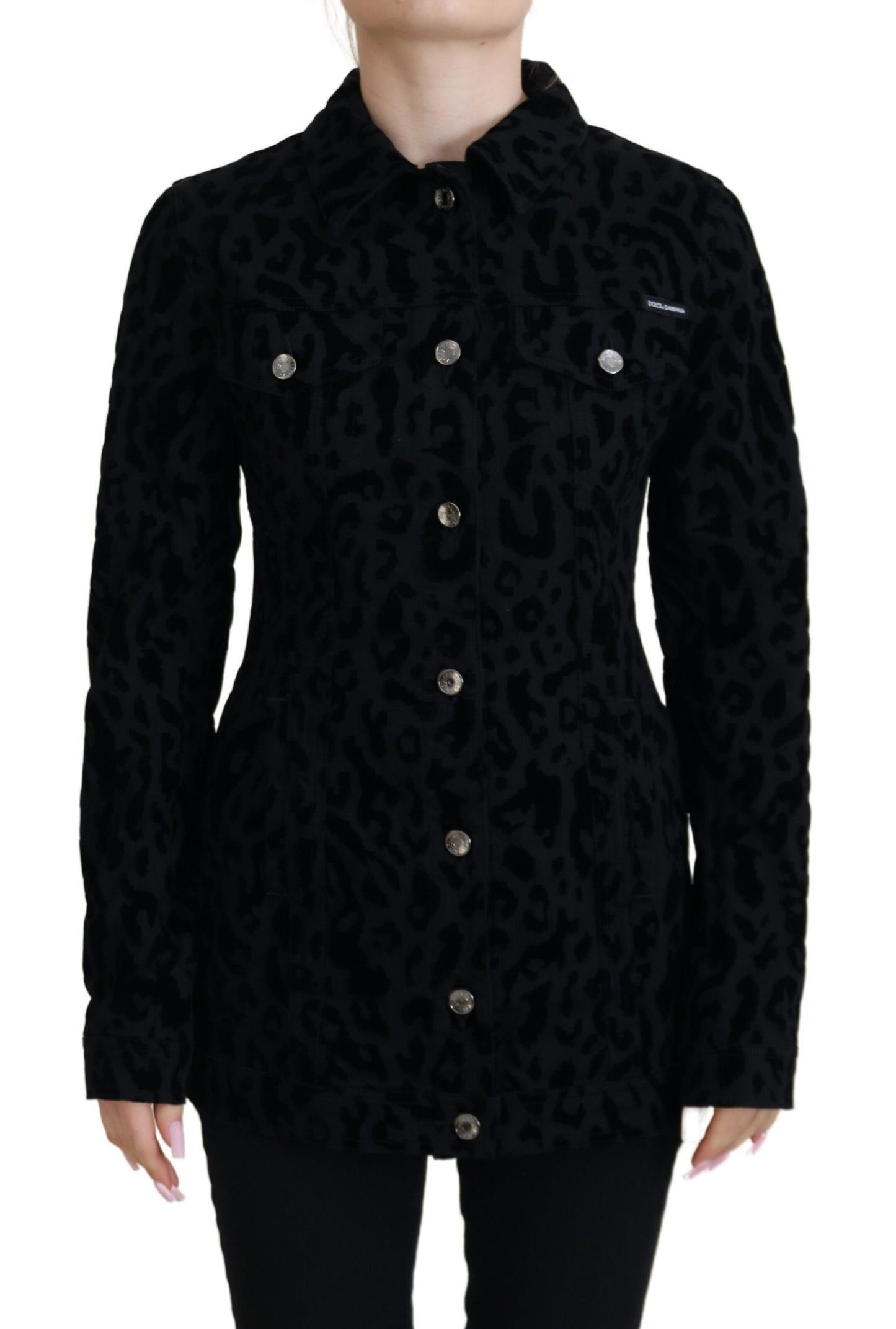 Schwarze Leoparden-Langarm-Jacke aus Denim-Baumwolle