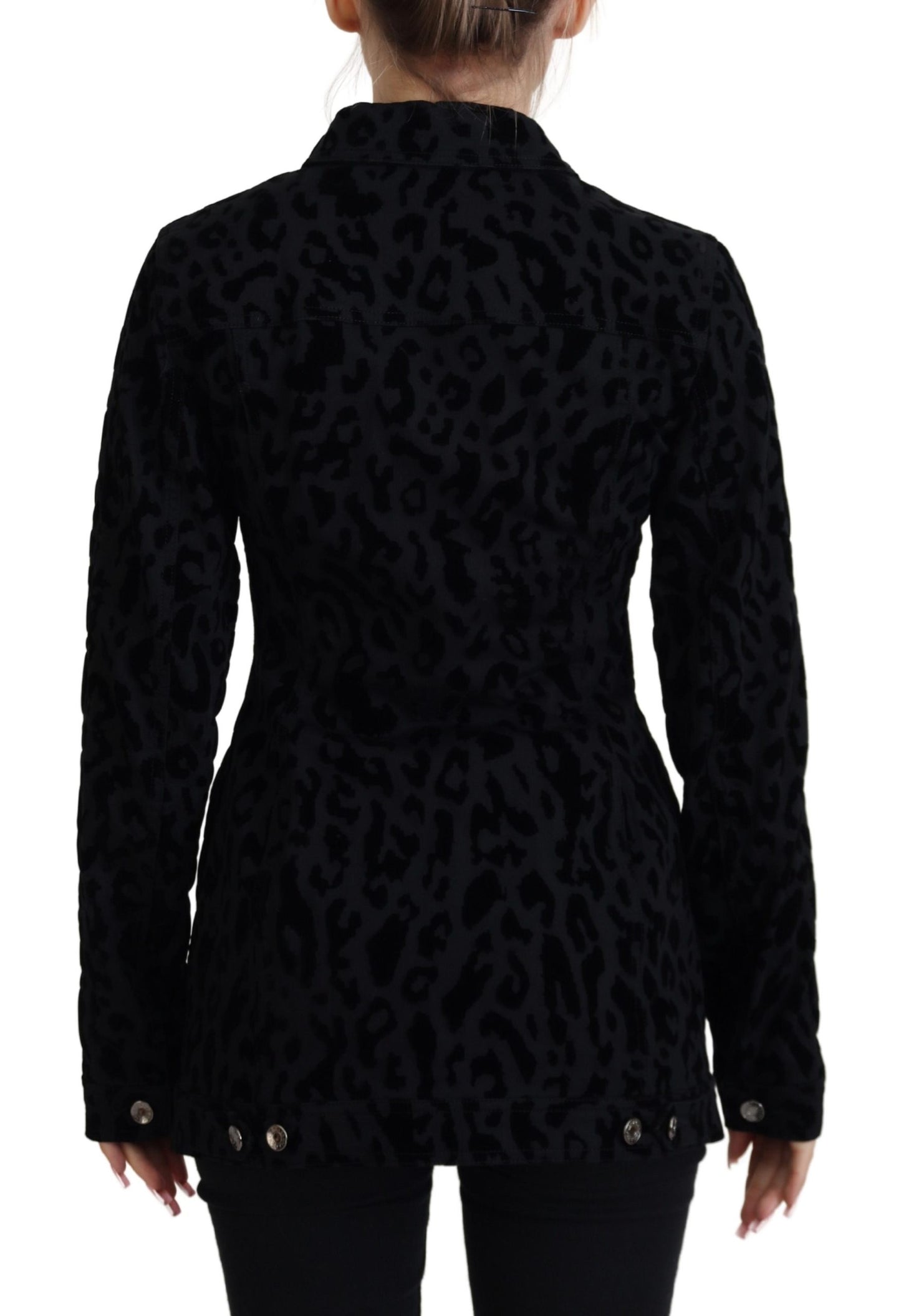 Schwarze Leoparden-Langarm-Jacke aus Denim-Baumwolle