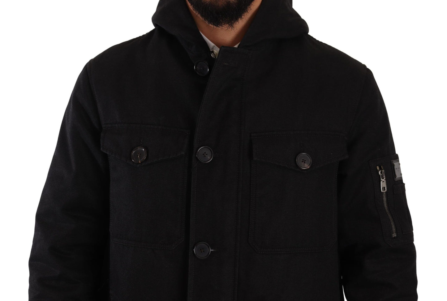 Schwarzer Denim-Parka-Mantel mit Kapuze Winterjacke