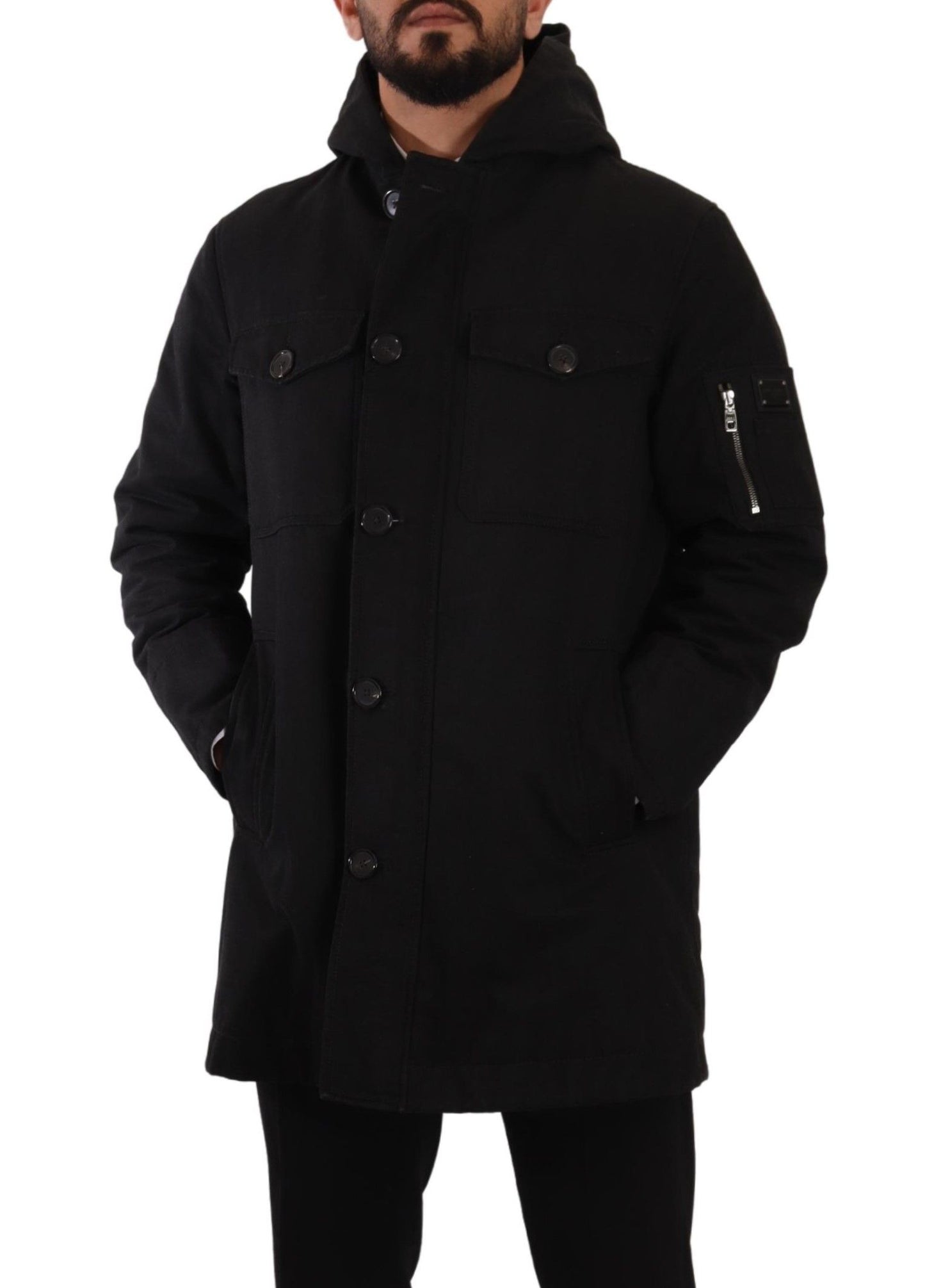 Schwarzer Denim-Parka-Mantel mit Kapuze Winterjacke