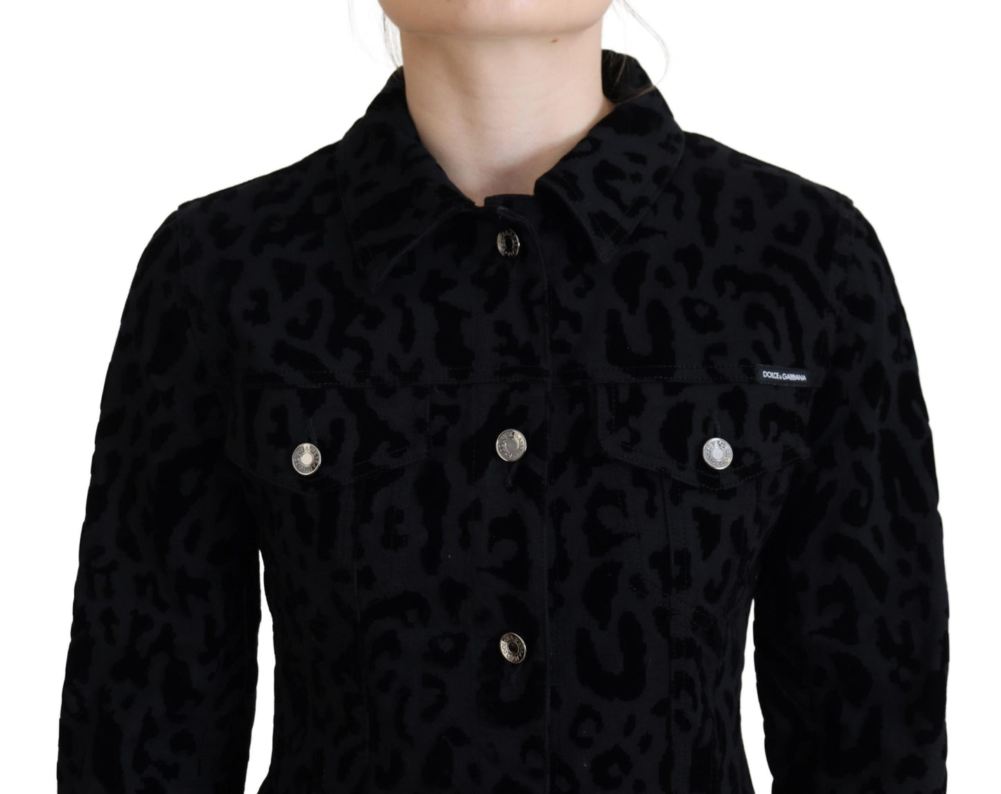 Schwarze Leoparden-Langarm-Jacke aus Denim-Baumwolle