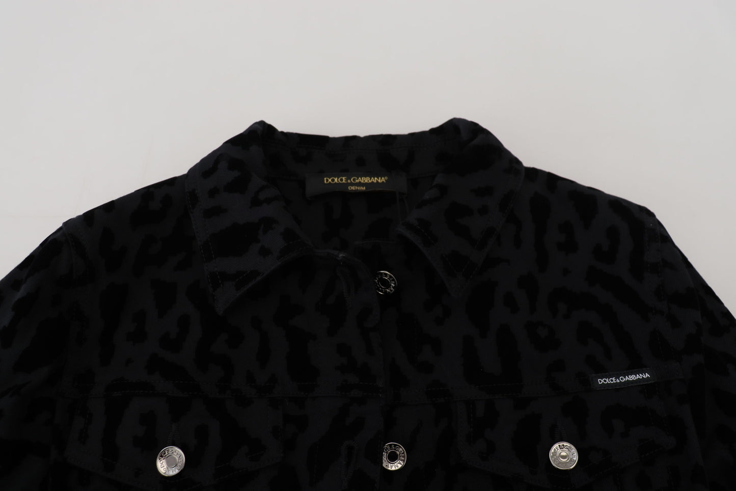 Schwarze Leoparden-Langarm-Jacke aus Denim-Baumwolle