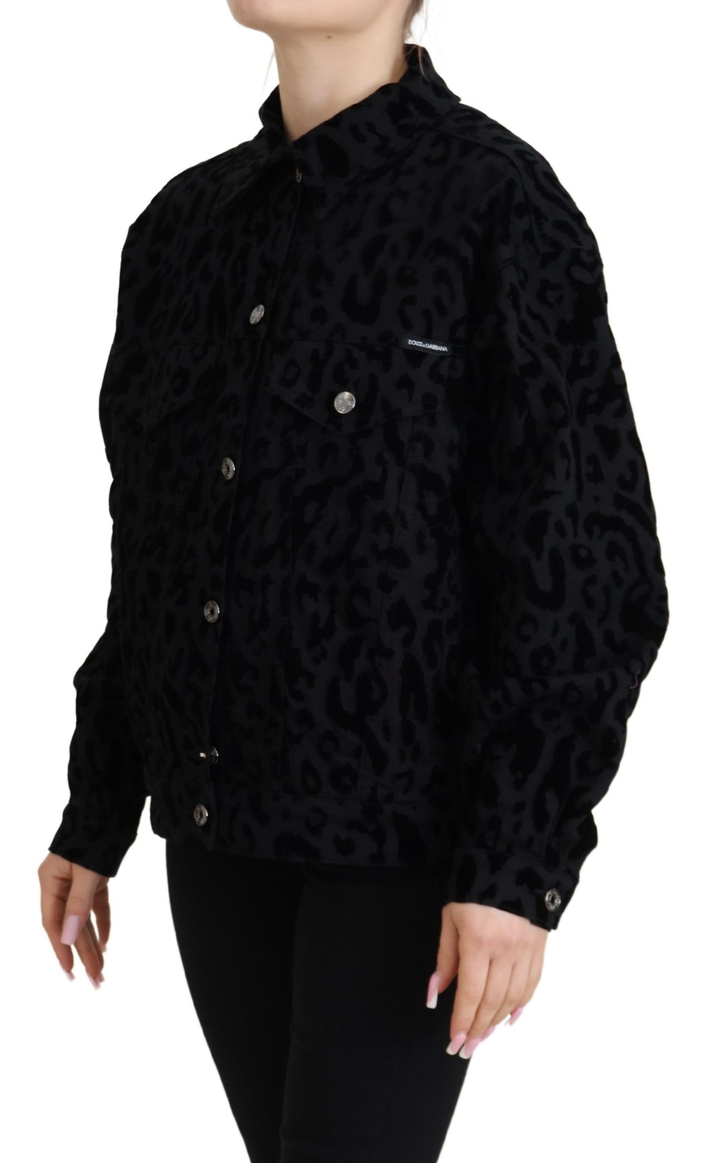 Schwarze Leoparden-Langarm-Jacke aus Denim-Baumwolle