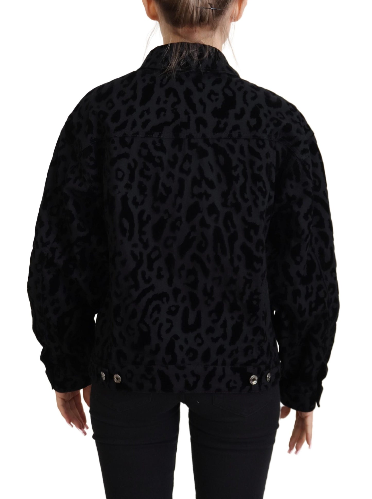 Schwarze Leoparden-Langarm-Jacke aus Denim-Baumwolle