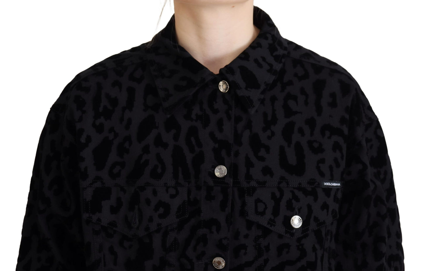 Schwarze Leoparden-Langarm-Jacke aus Denim-Baumwolle