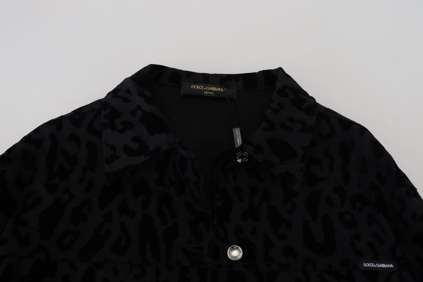 Schwarze Leoparden-Langarm-Jacke aus Denim-Baumwolle