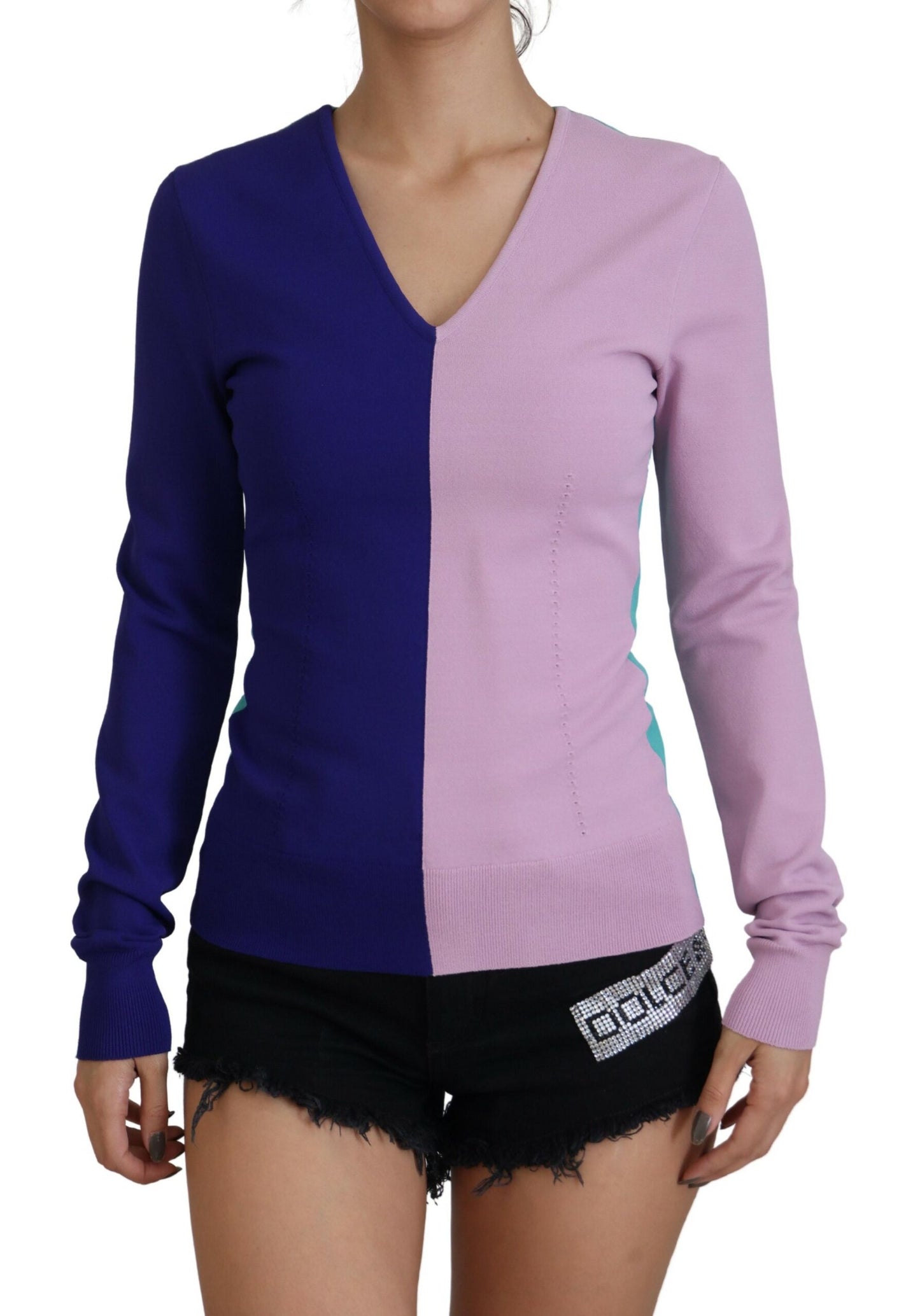 Multicolor Pullover mit V-Ausschnitt und langen Ärmeln aus Viskose