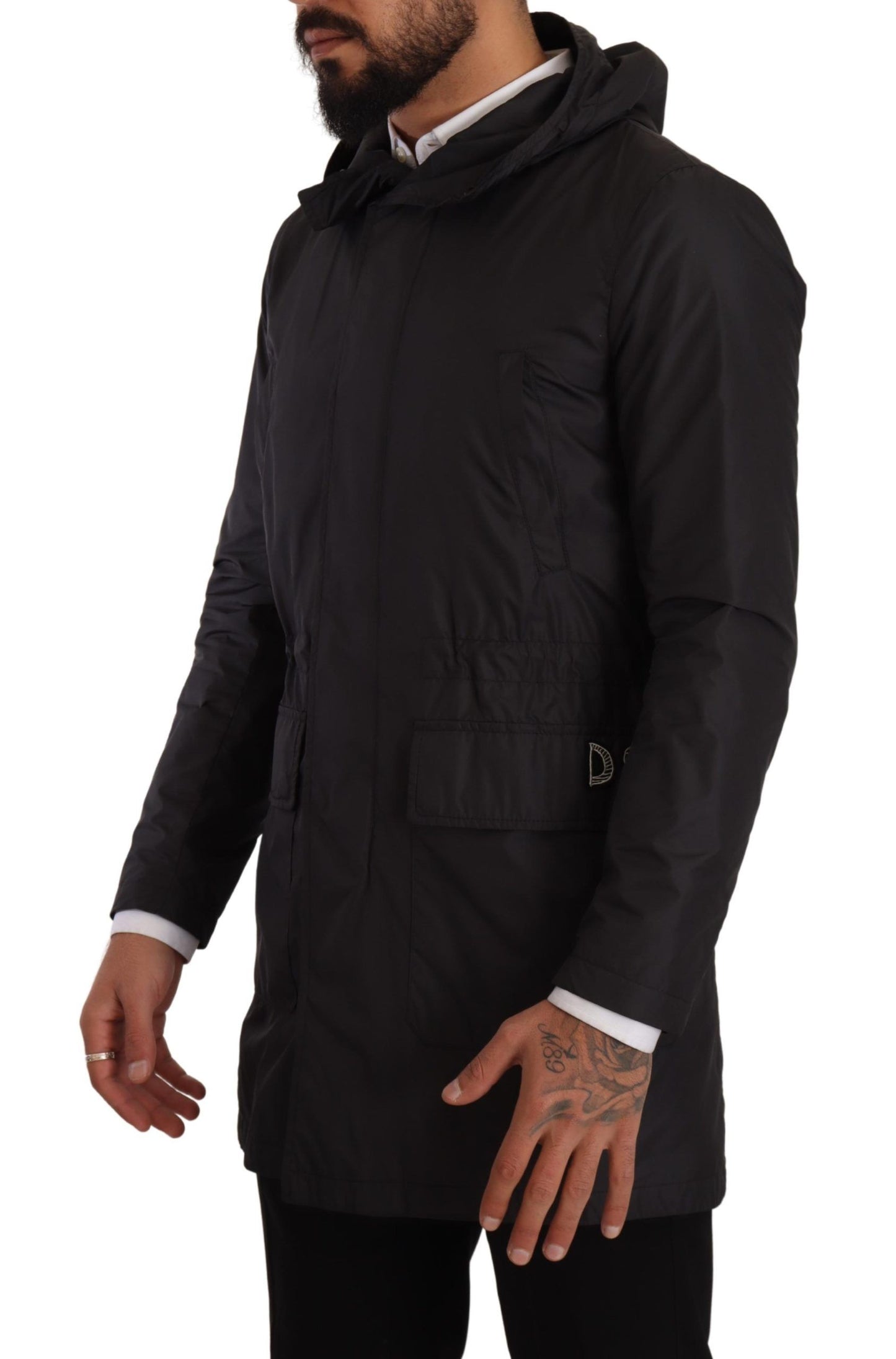 Schwarzer Polyester Parka Mantel mit Kapuze Jacke
