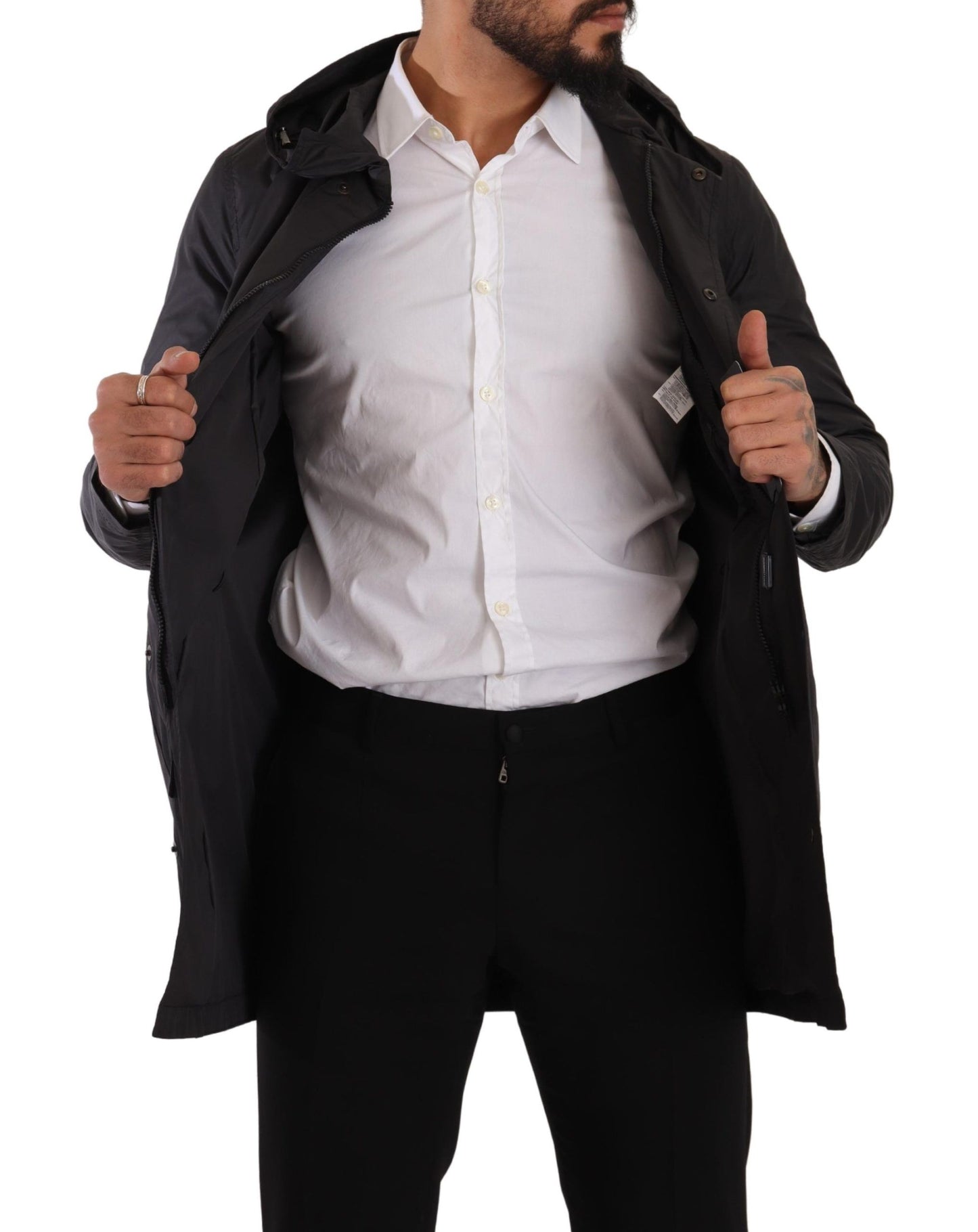 Schwarzer Polyester Parka Mantel mit Kapuze Jacke