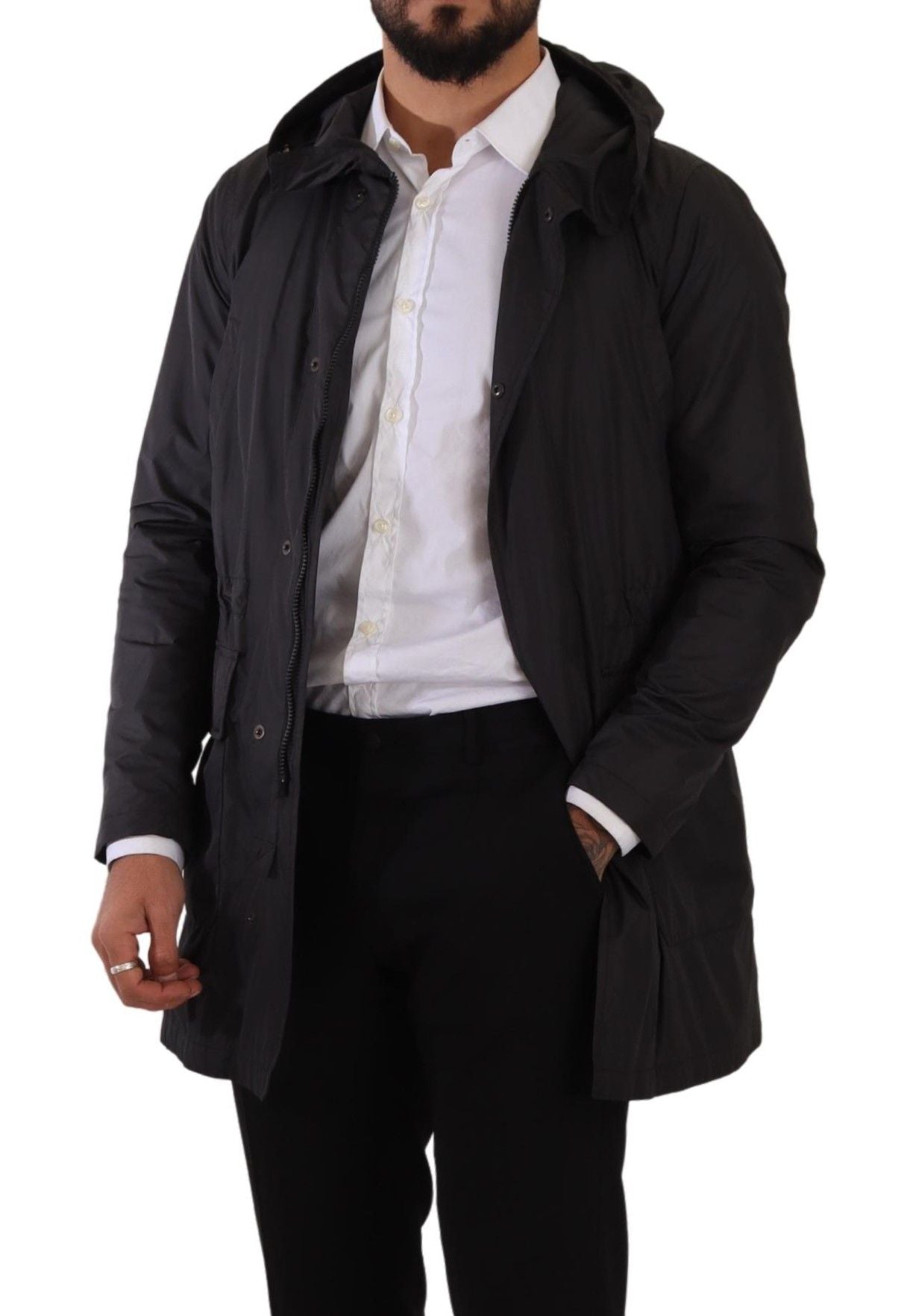 Schwarzer Polyester Parka Mantel mit Kapuze Jacke