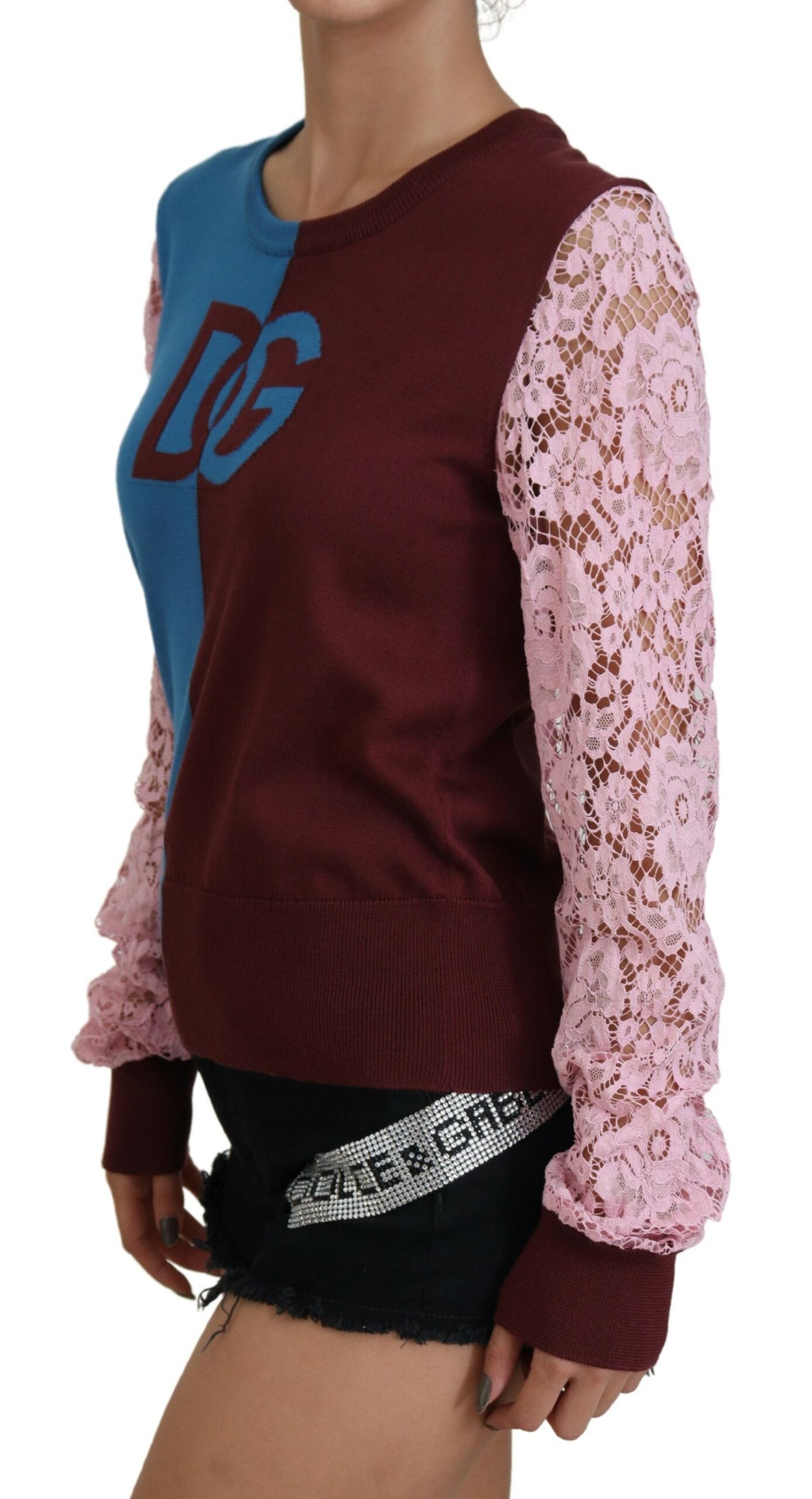 Multicolor Rundhals-Pullover mit Spitze