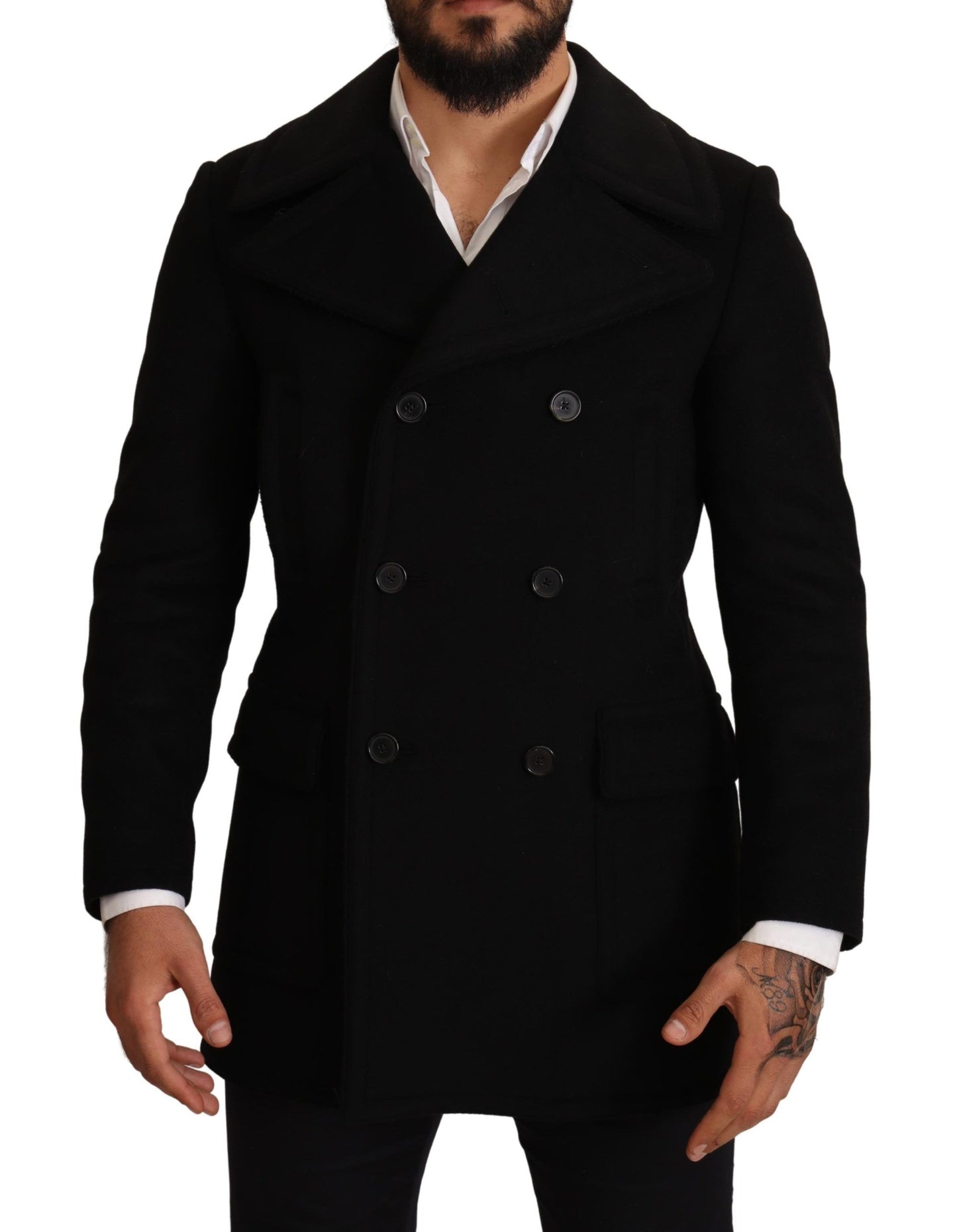Schwarze Wolle Herren Trench Peacoat Jacke