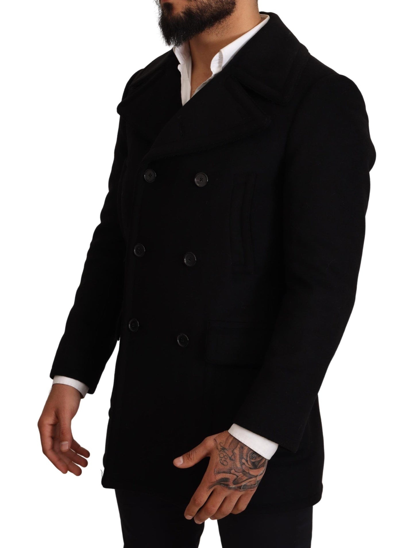Schwarze Wolle Herren Trench Peacoat Jacke