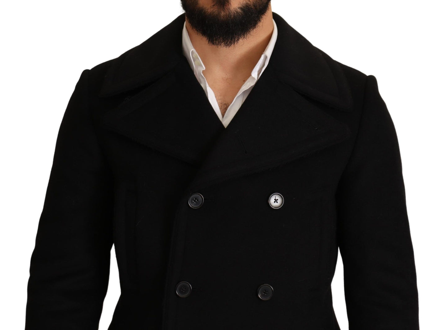 Schwarze Wolle Herren Trench Peacoat Jacke