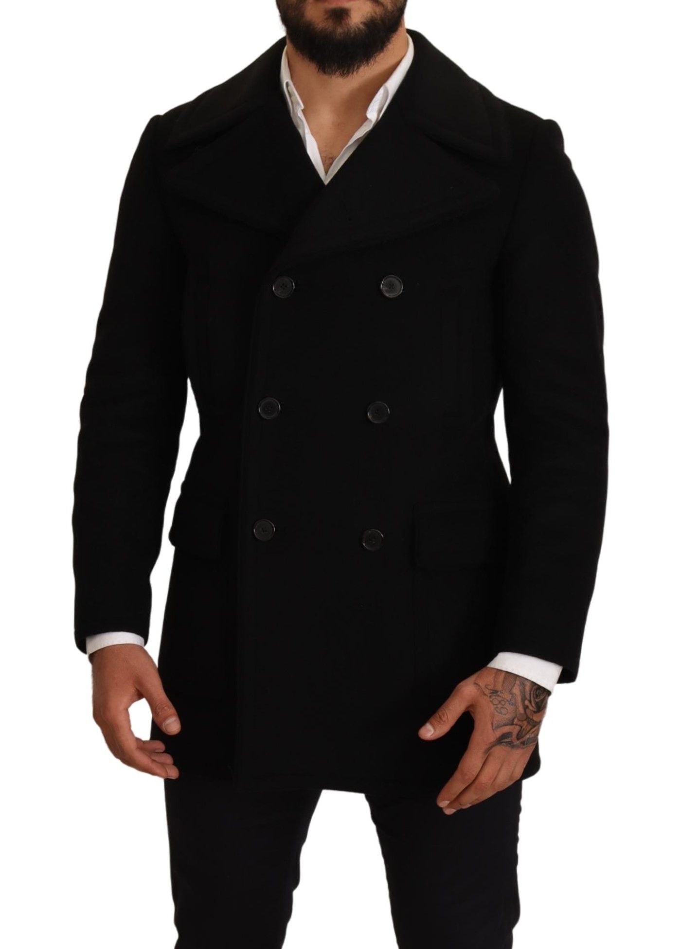 Schwarze Wolle Herren Trench Peacoat Jacke