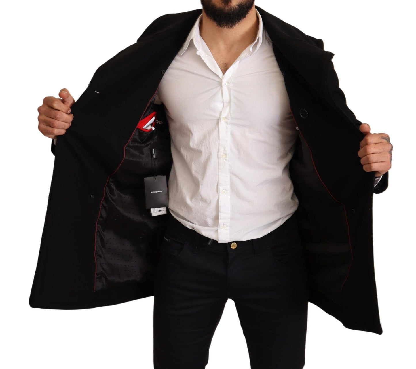 Schwarze Wolle Herren Trench Peacoat Jacke