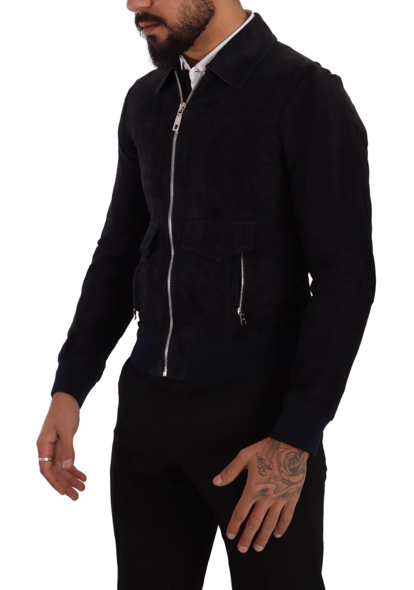 Blaue Wildleder-Lammfell-Ledermanteljacke