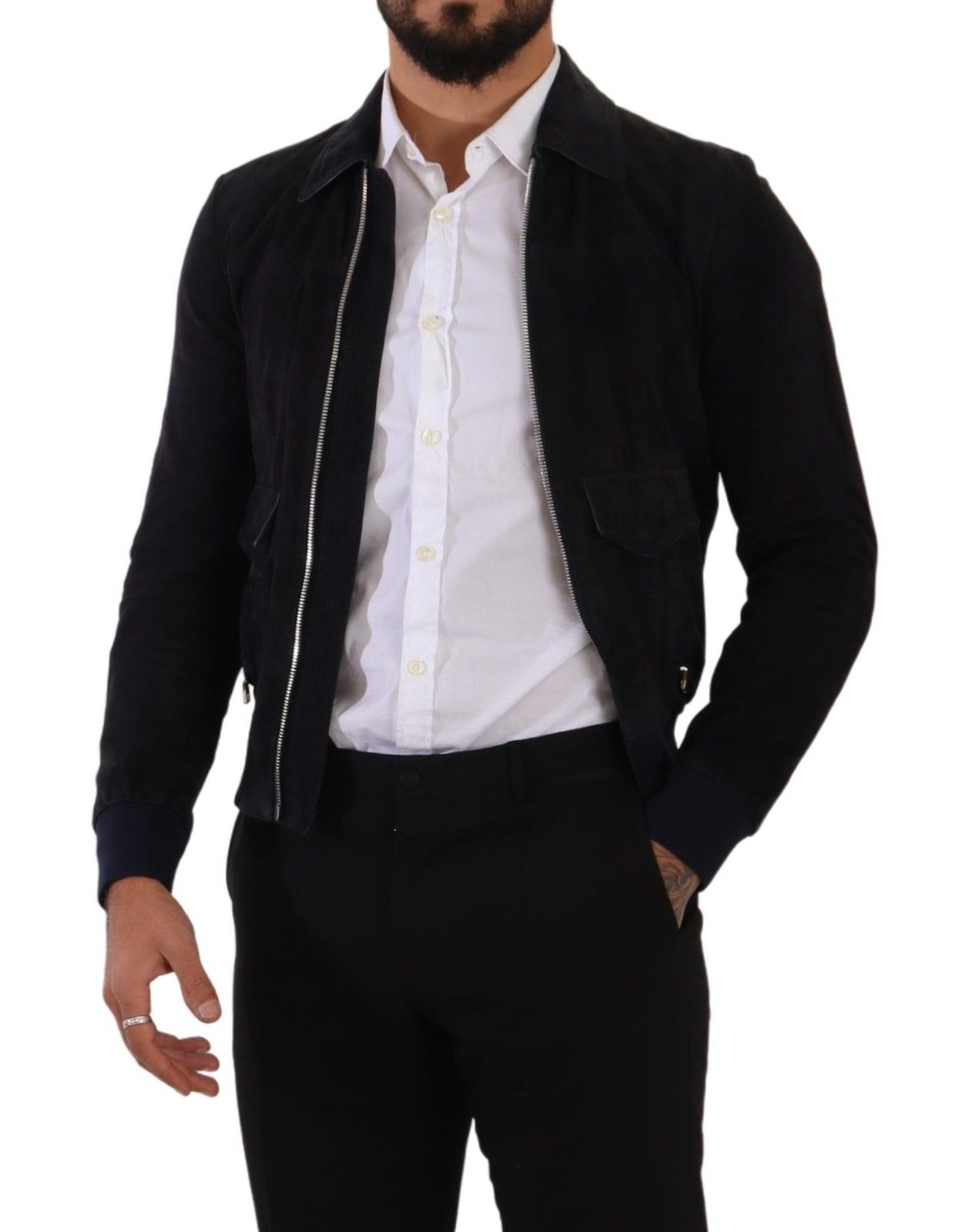 Blaue Wildleder-Lammfell-Ledermanteljacke