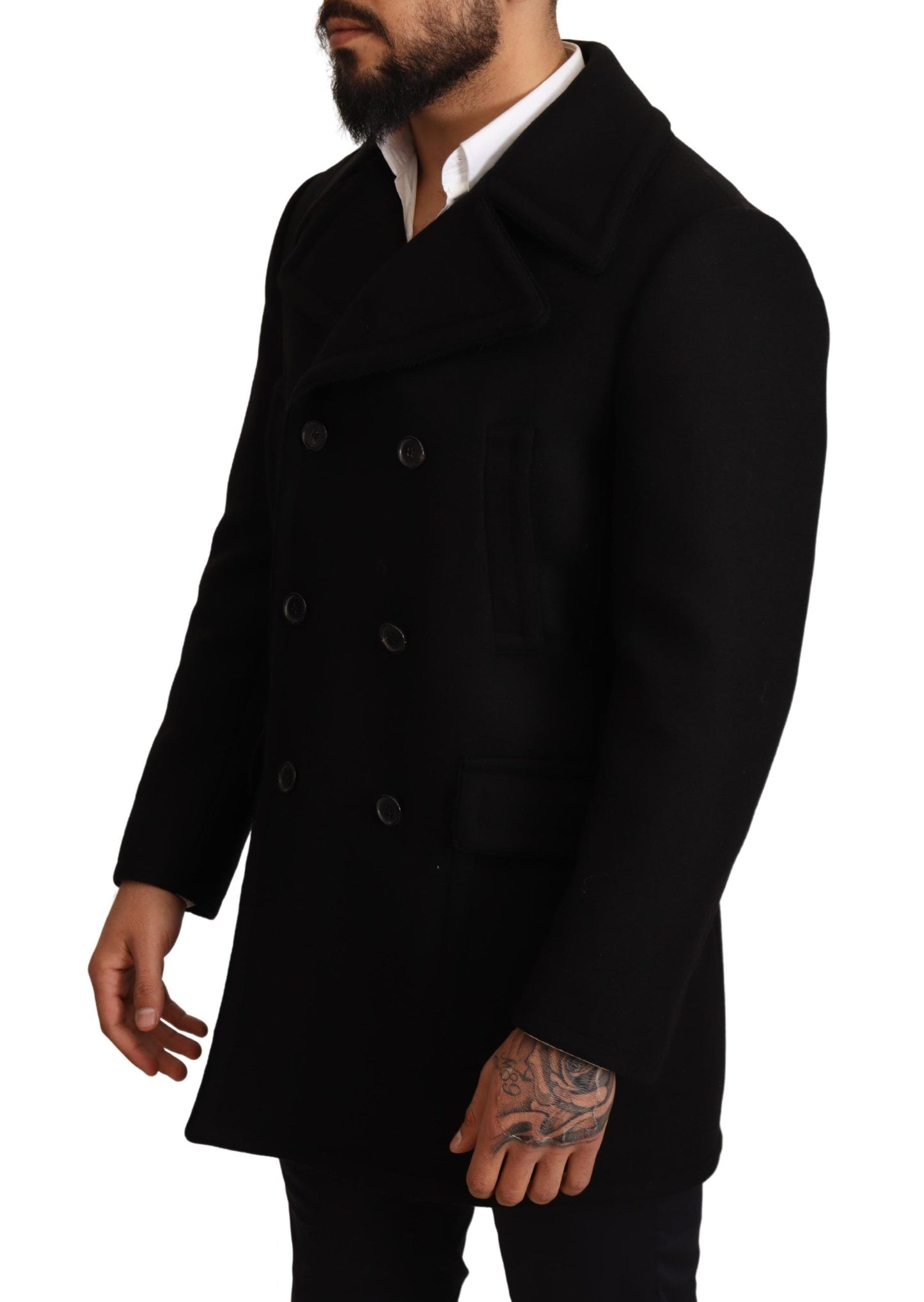 Schwarzer Wolltrench Peacoat Jacke