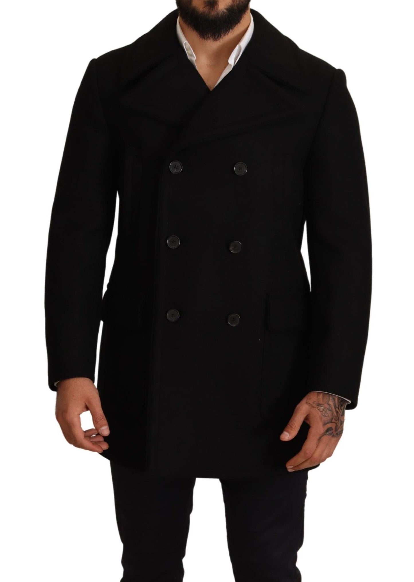 Schwarzer Wolltrench Peacoat Jacke