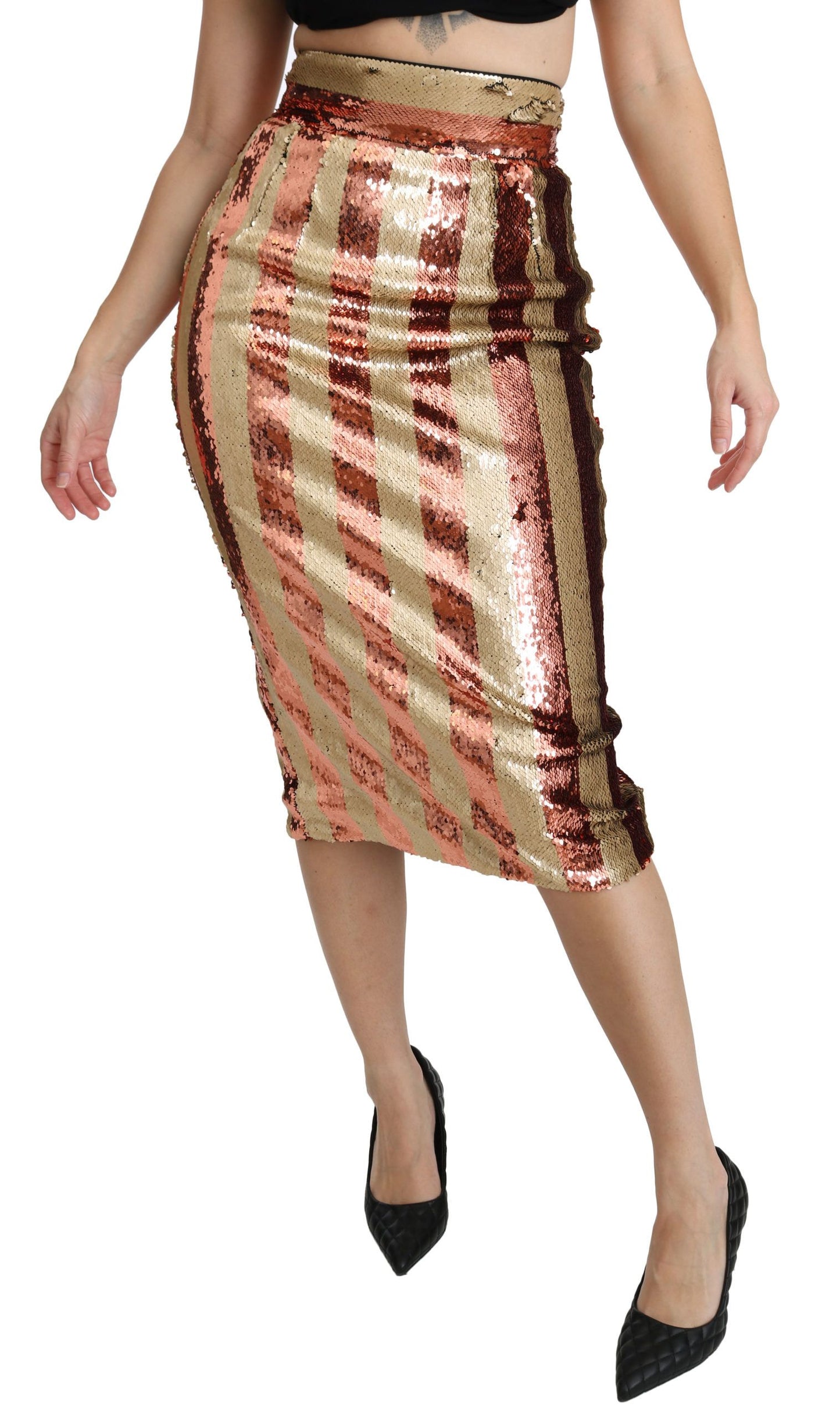 Gold Orange gestreifter Midirock mit hoher Taille