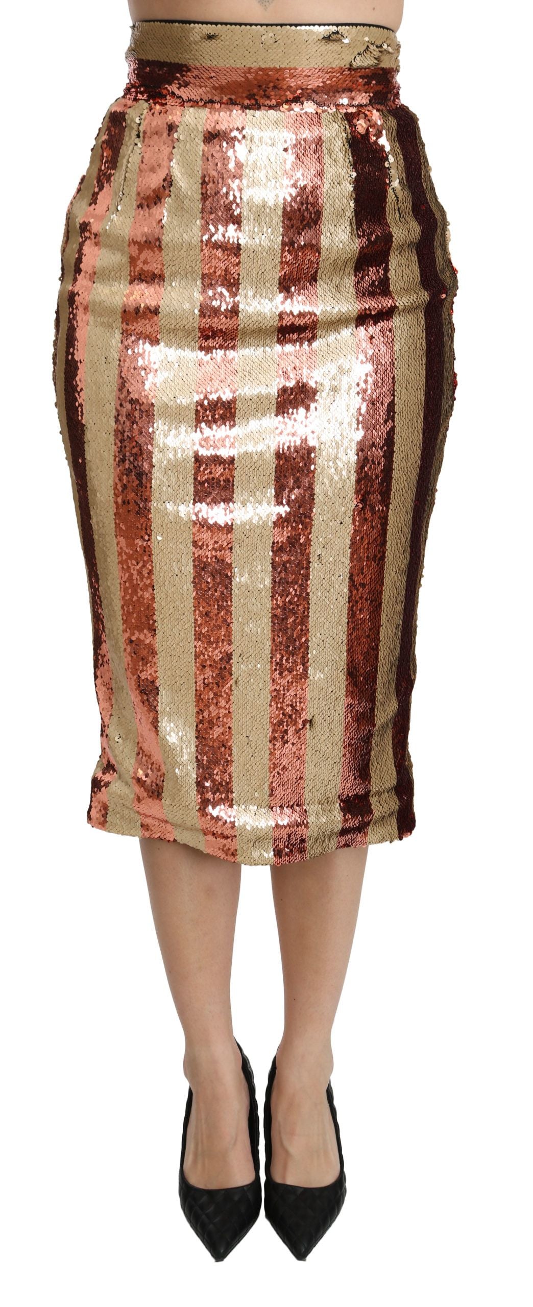 Gold Orange gestreifter Midirock mit hoher Taille