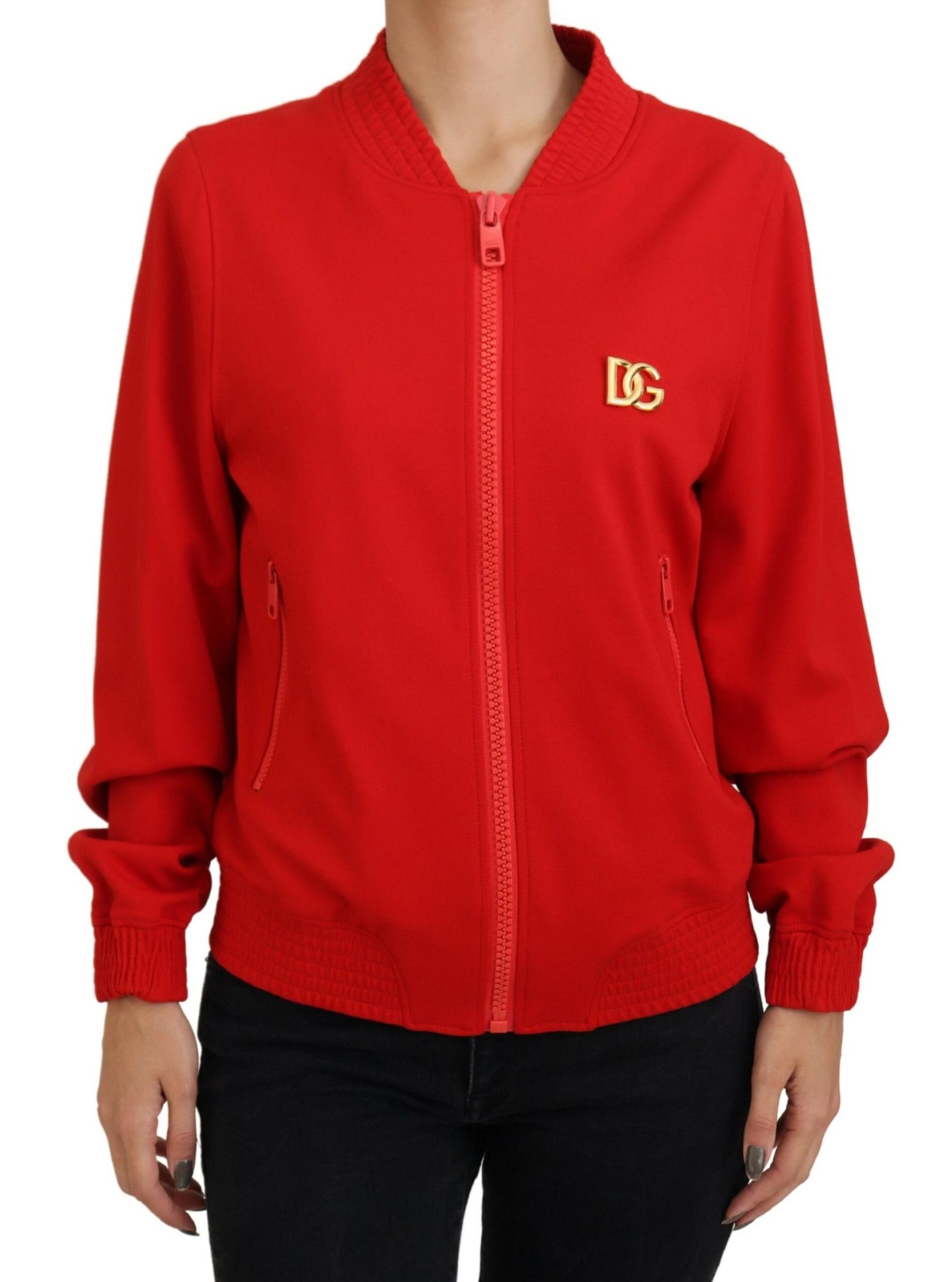 Roter Viskose-Blouson-Pullover mit durchgehendem Reißverschluss und DG-Logo