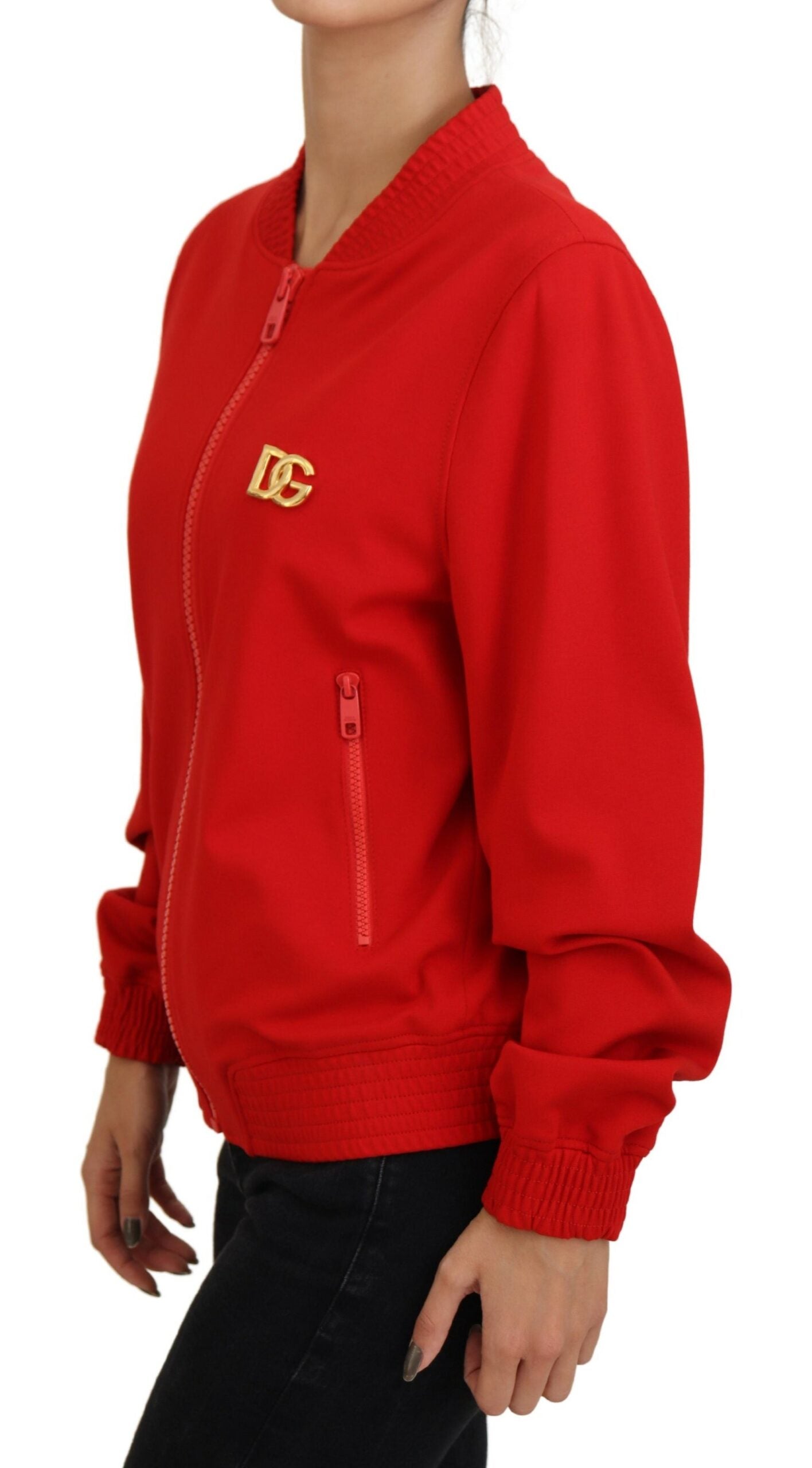 Roter Viskose-Blouson-Pullover mit durchgehendem Reißverschluss und DG-Logo