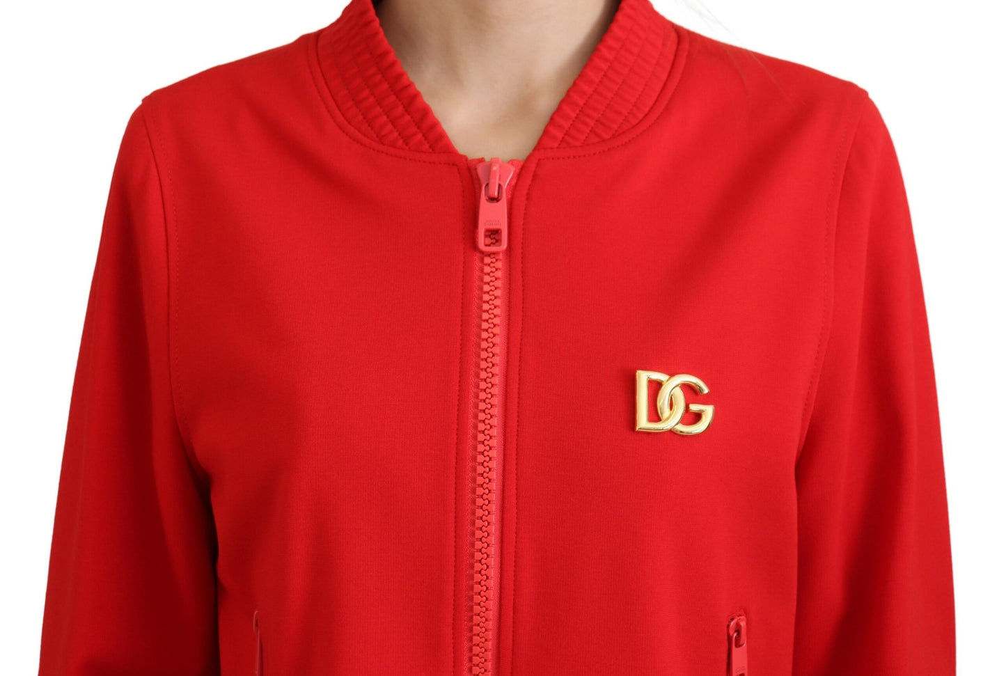 Roter Viskose-Blouson-Pullover mit durchgehendem Reißverschluss und DG-Logo