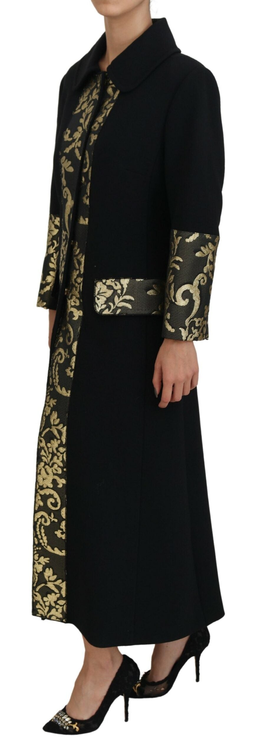 Schwarz Gold Jacquard Langer Trenchcoat Jacke